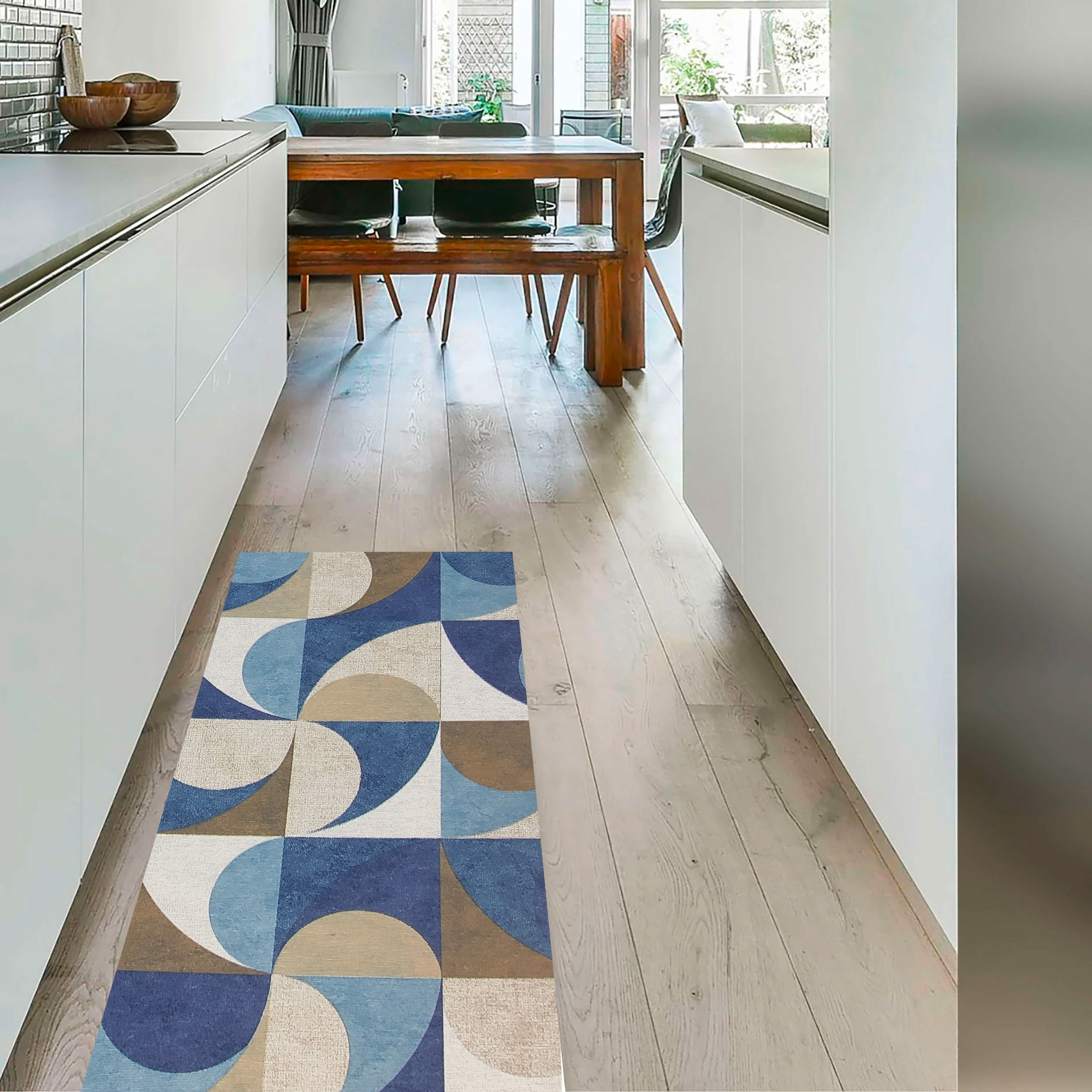 Alfombra de cocina geométrica azul y beige