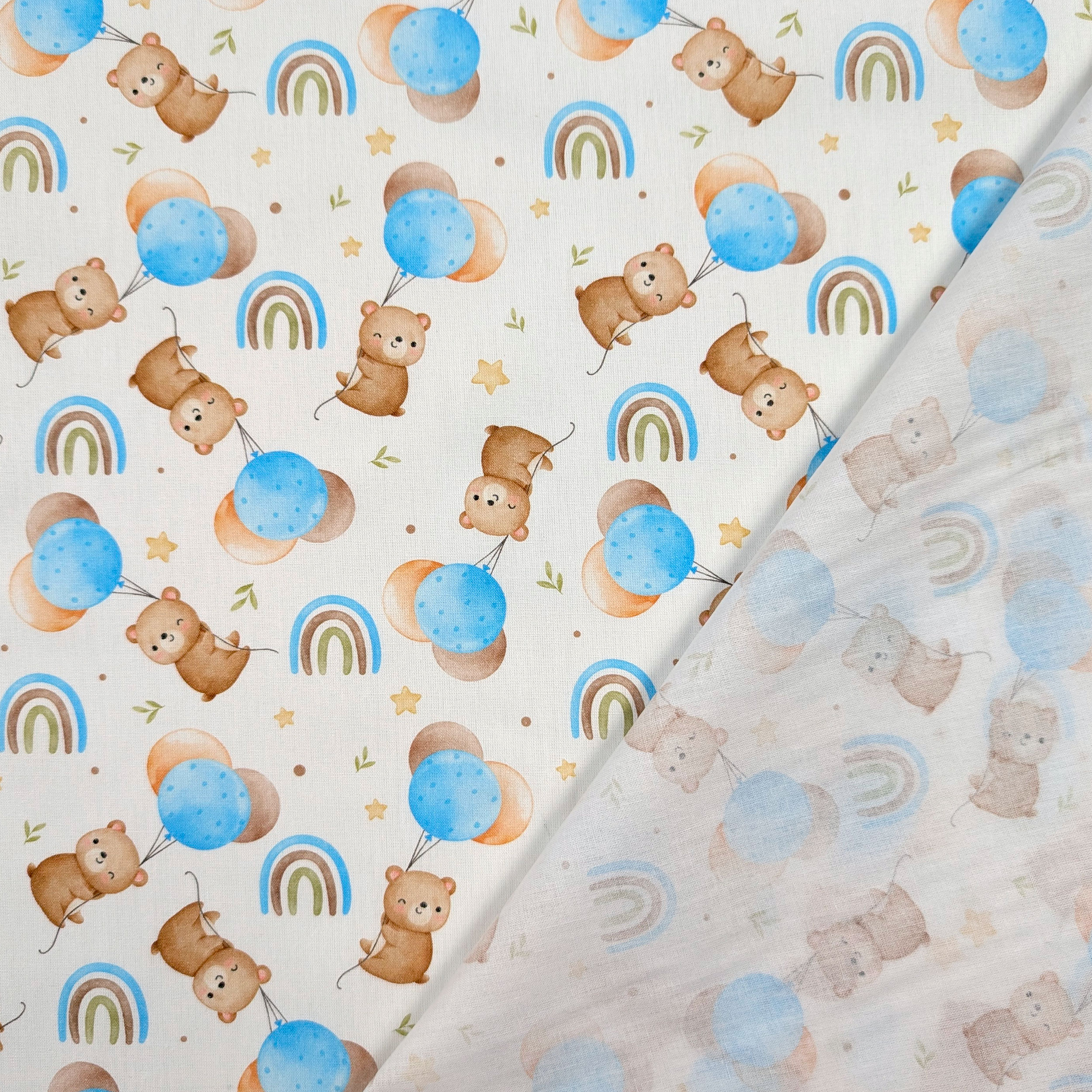 Light Blue Percale Cotton with Bears and Balloons Image