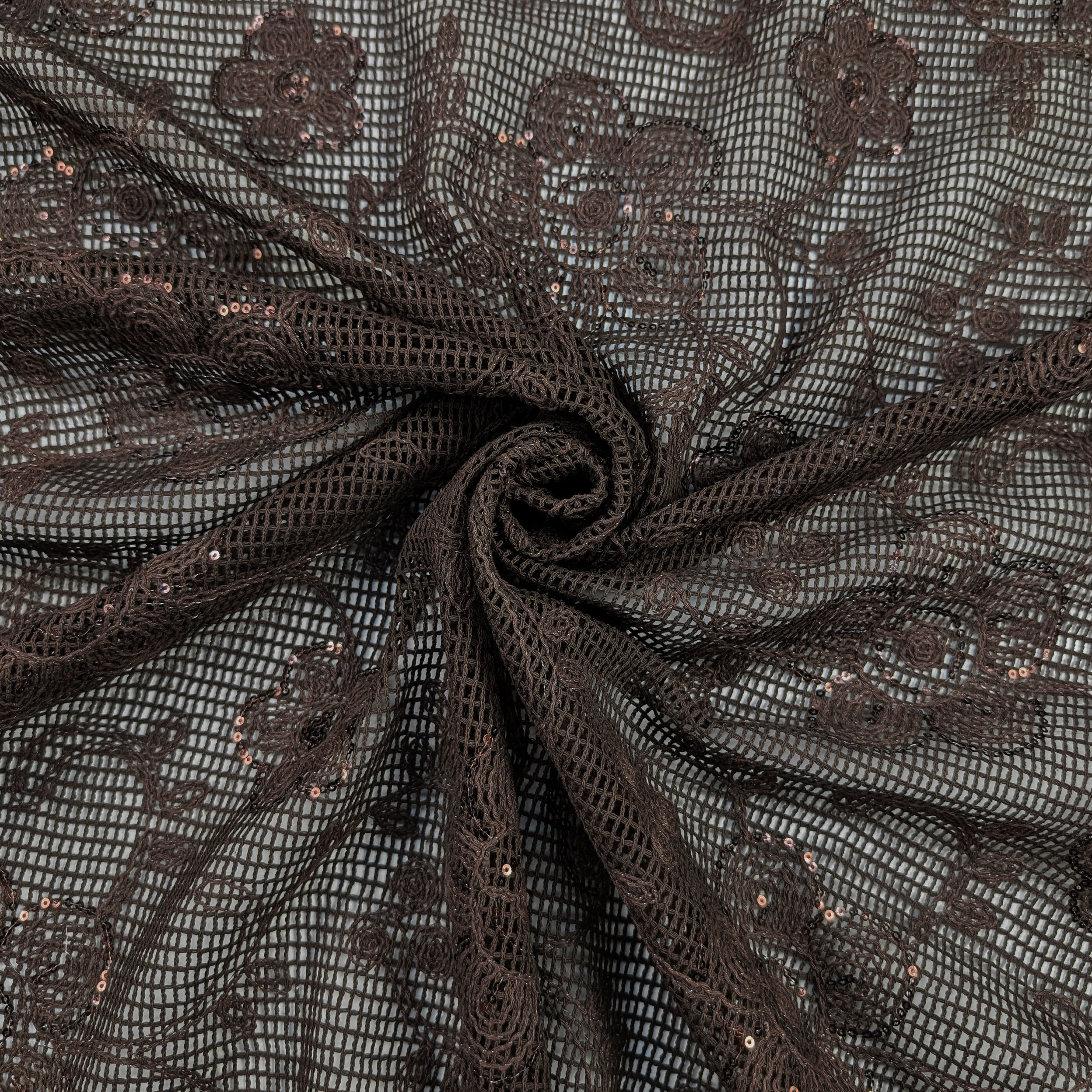 Embroidery On Mesh Brown Flowers With Sequins Image