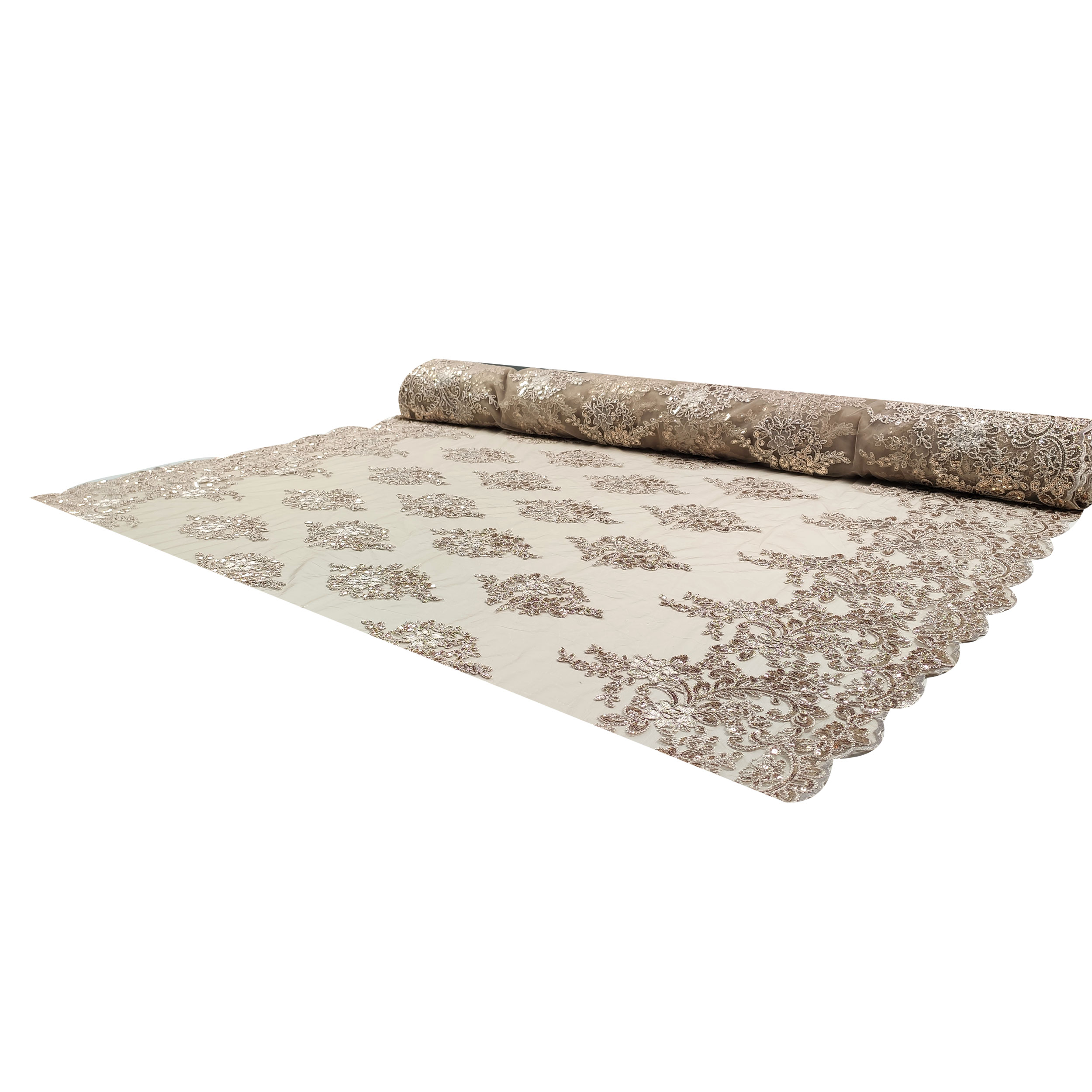 Tissu Tulle Broderie Paillettes Double Feston Beige
