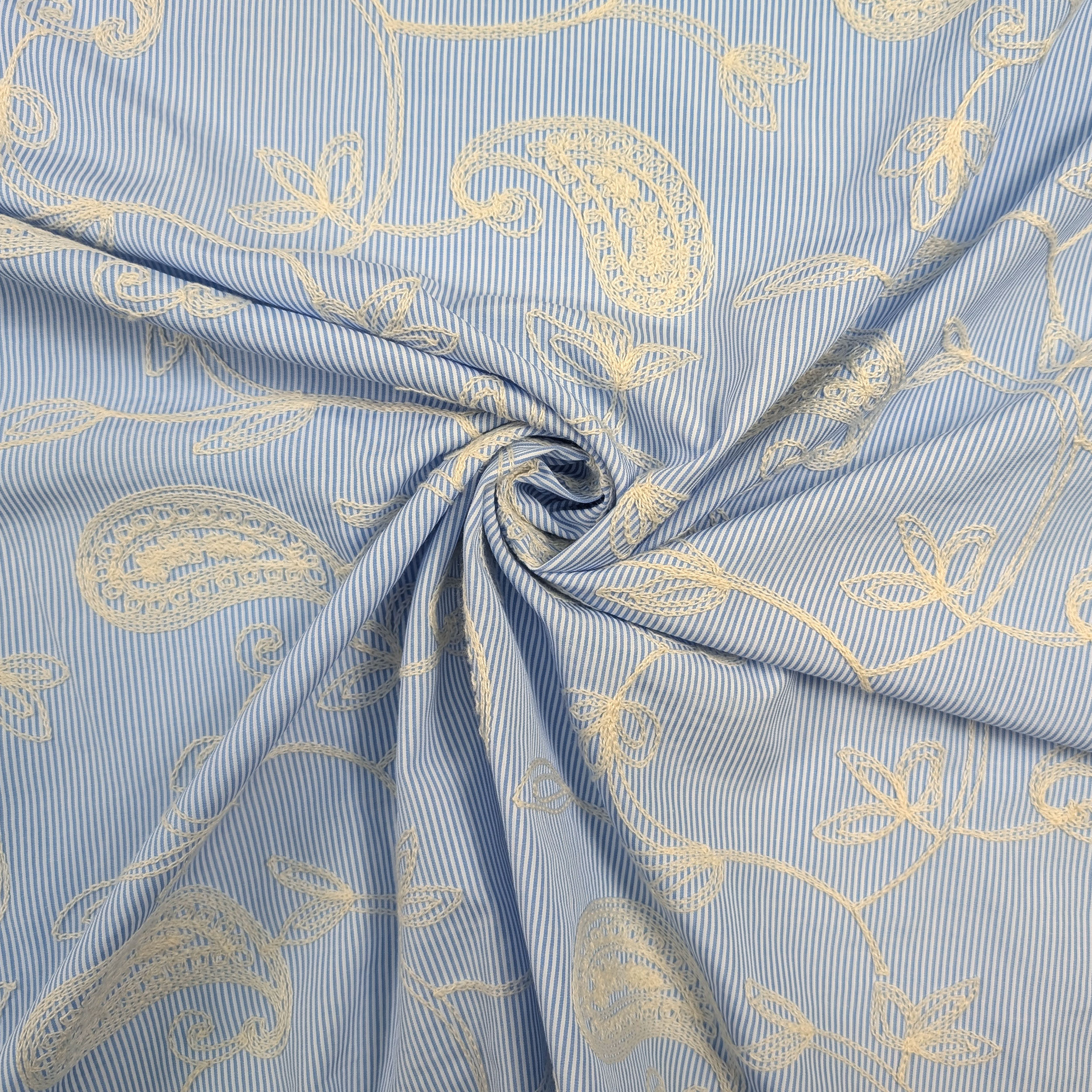 Light Blue Fine-Striped Cotton with Embroidered Leaves Image