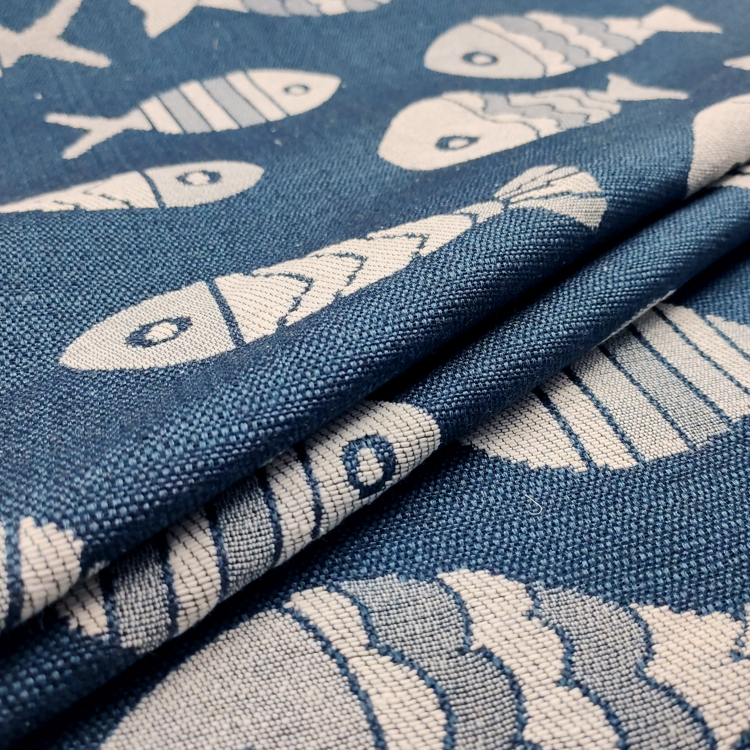 Upholstery Reversible Brocade - Grey, Blue Fishes