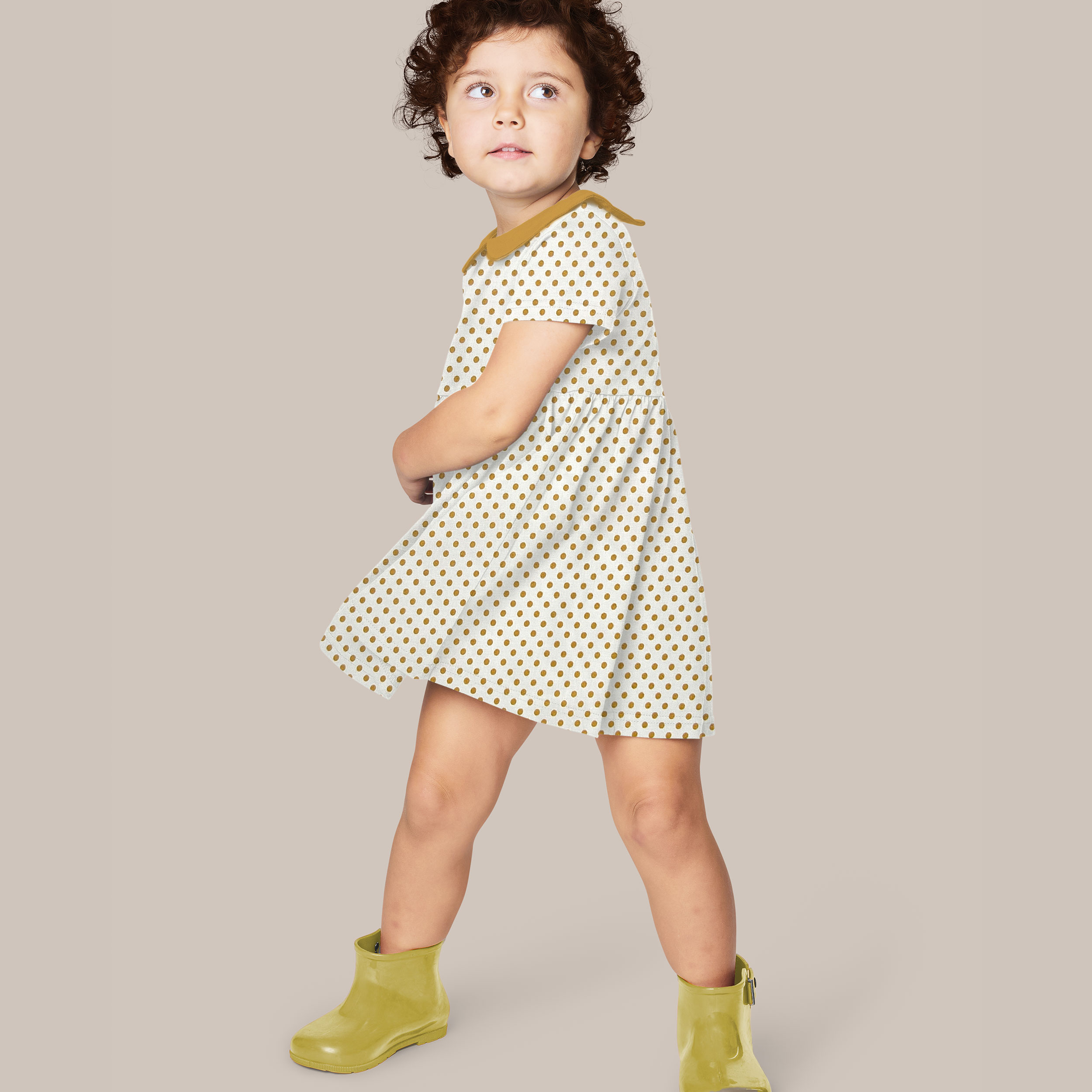 Baumwollstoff Weiß Senf Polka Dot