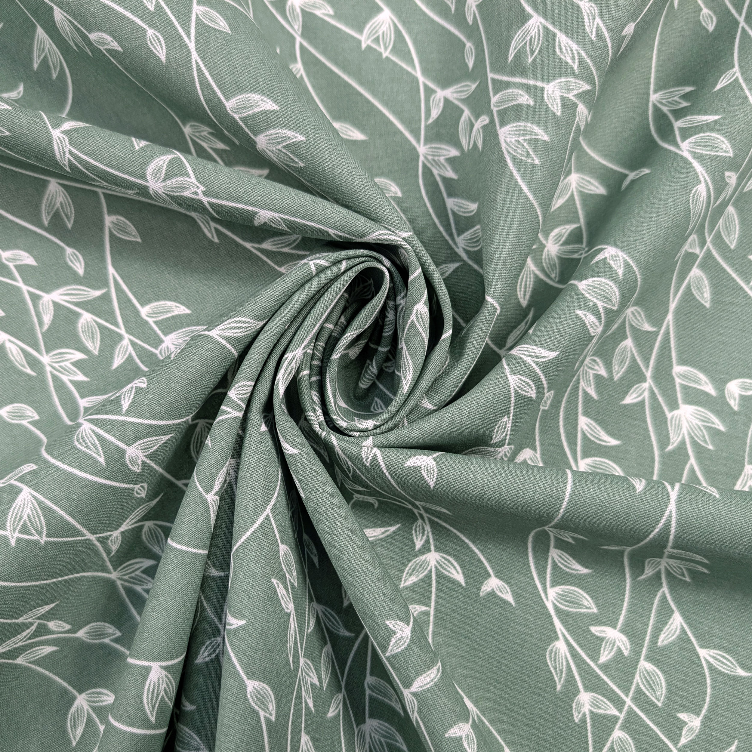 Sage Cotton Poplin with Branches and White Leaves