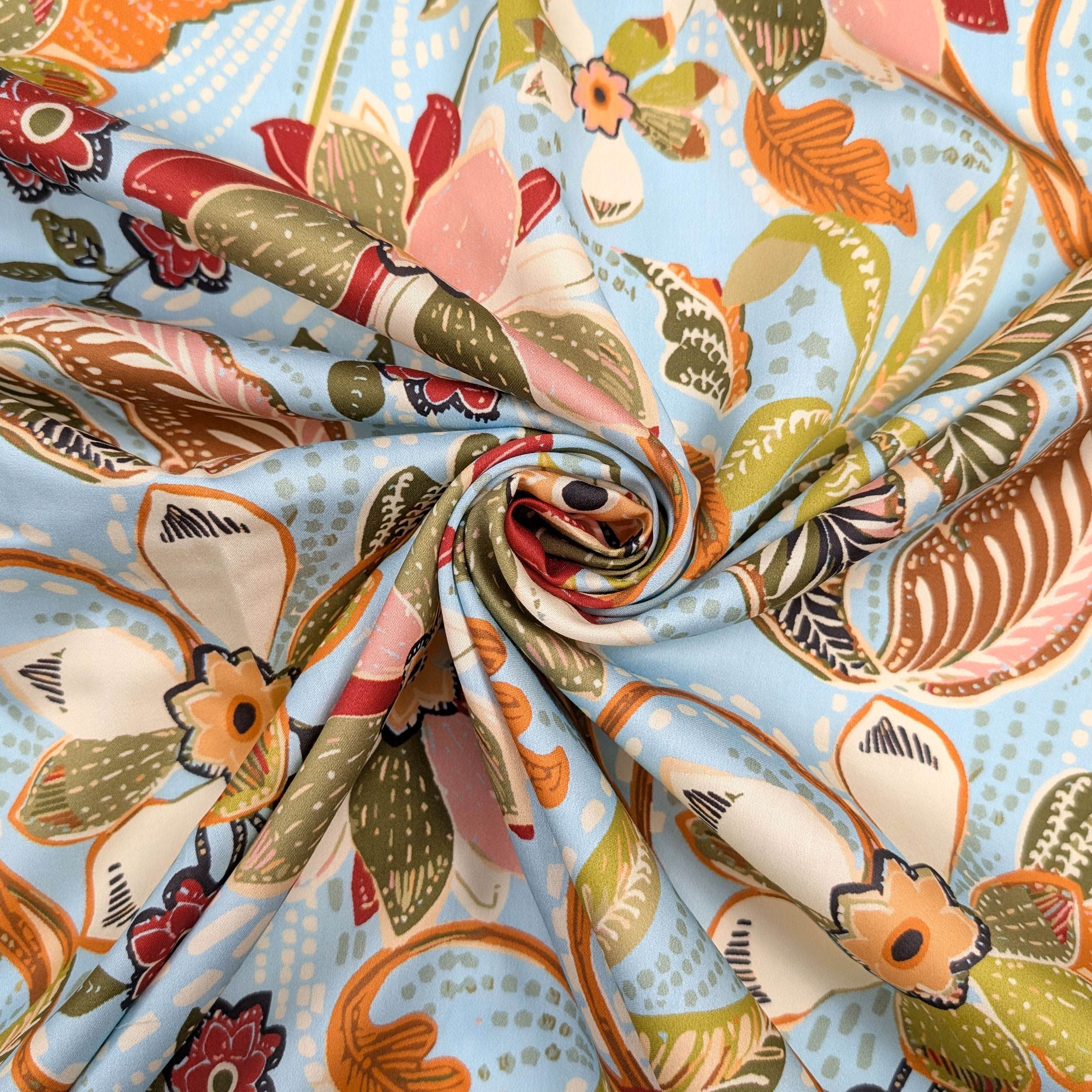 Cotton Rasatello Floral Pattern Blue Background Image