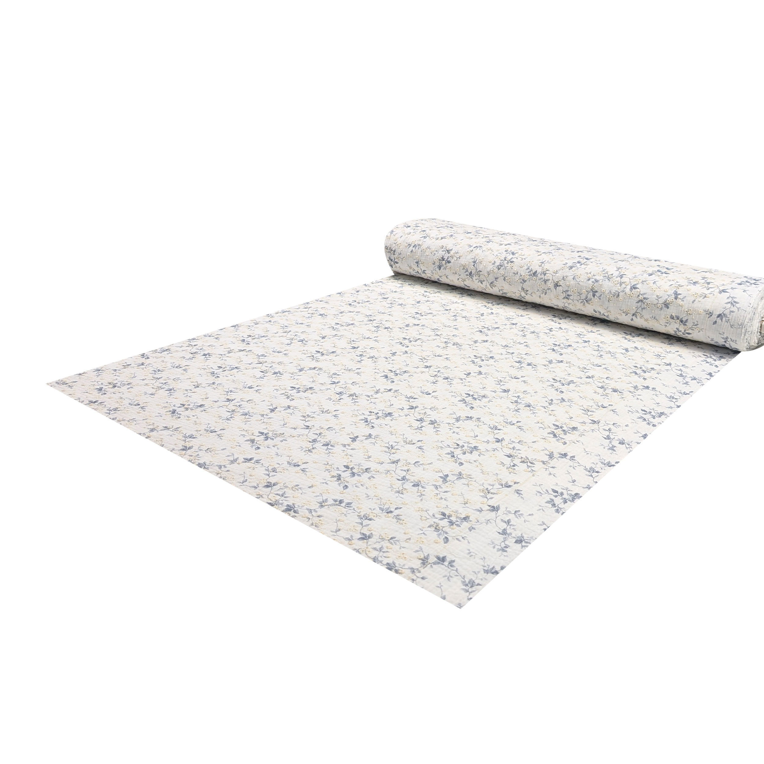 Sangallo Double Mousseline blanche Branches bleues et fleurs crème Image