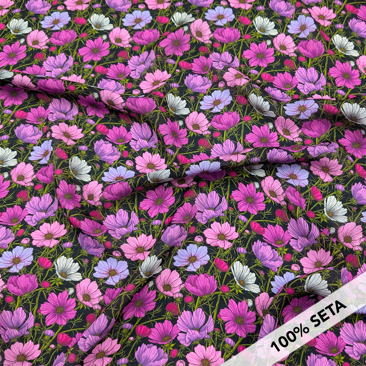 Pure Silk Georgette Pink and Lilac Flowers Image