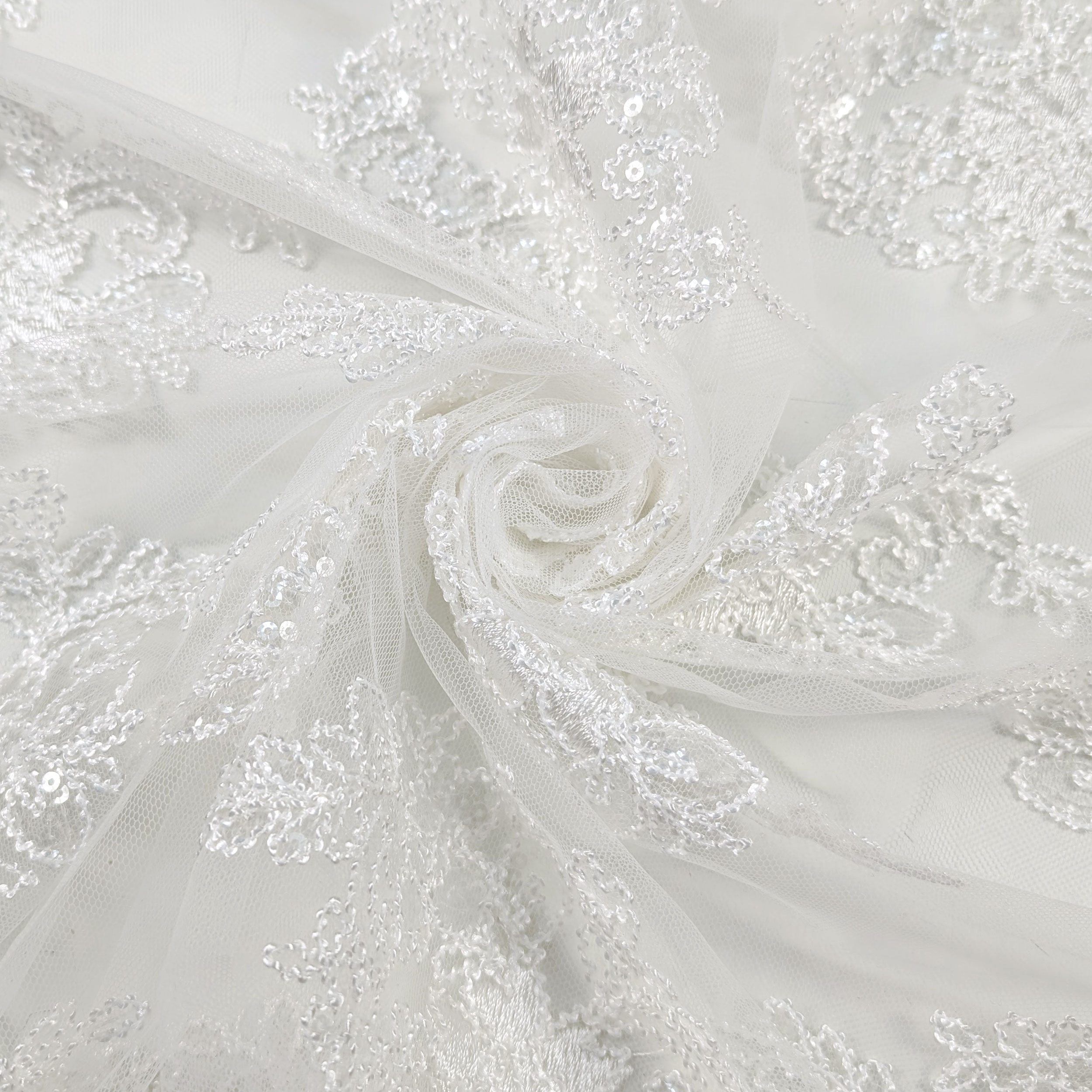 Stoff Tüll Stickerei Pailletten Double Scalloped Weiß Image