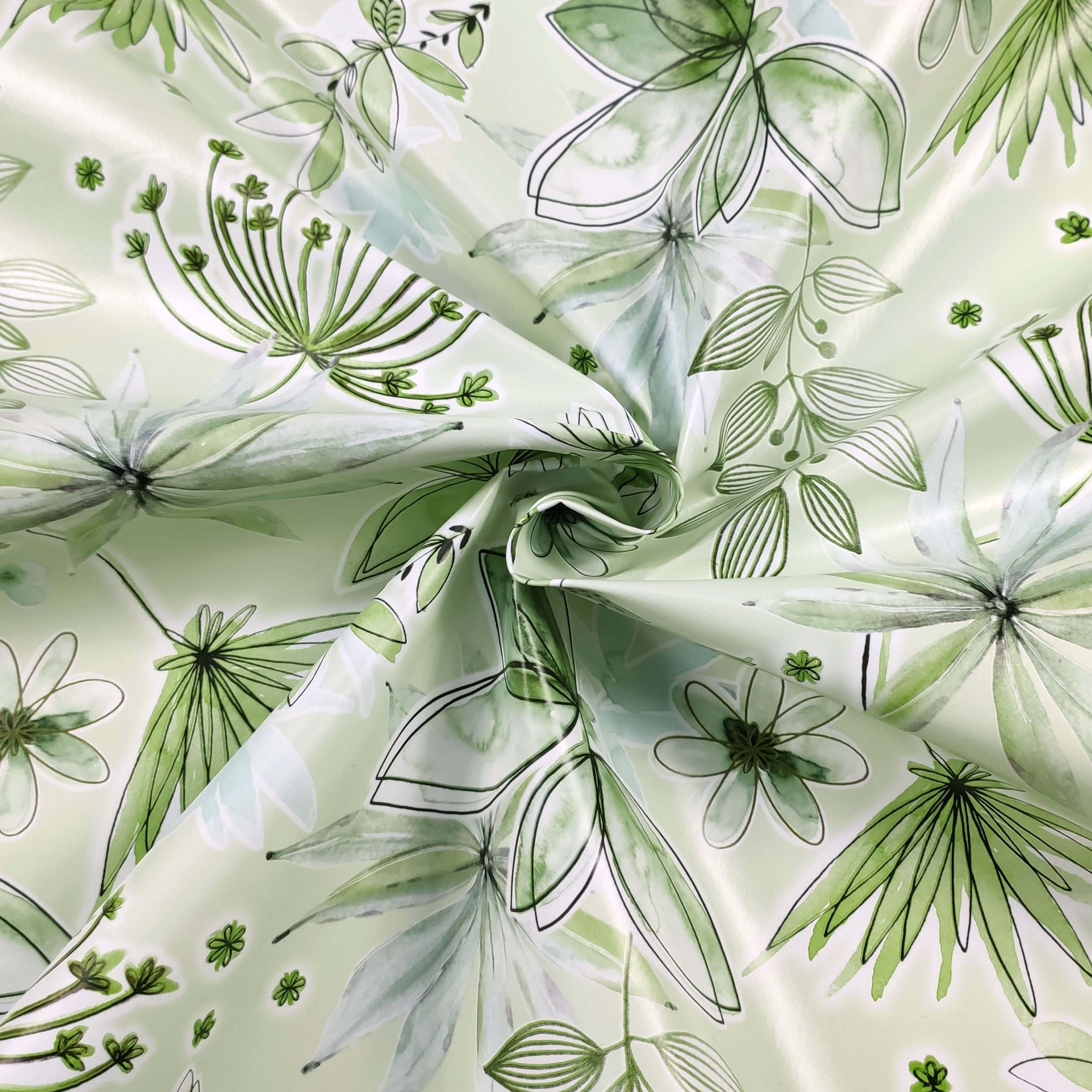 Fabric for Plasticised Tablecloth Flowers Tones of Green