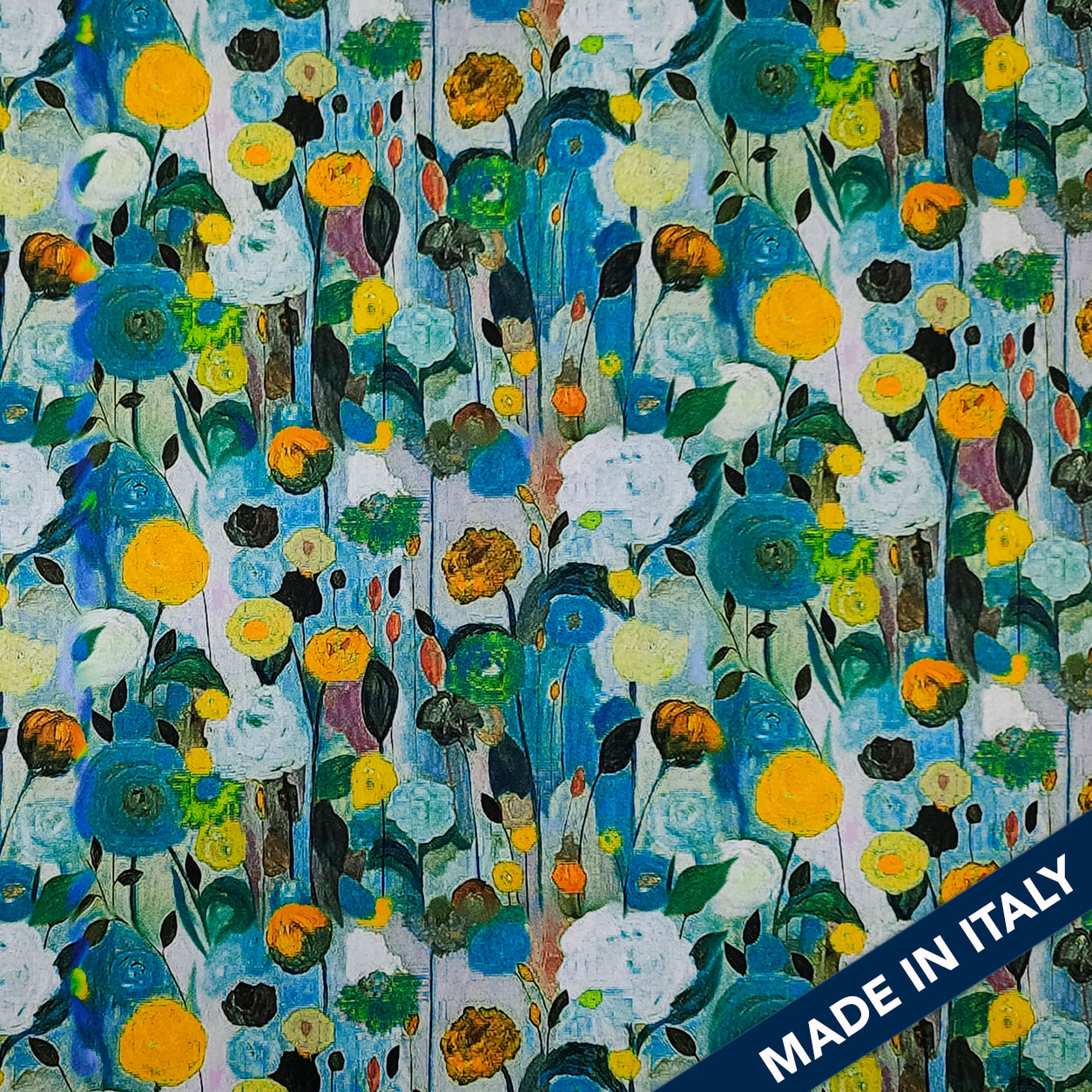 Impressionistic Floral Print Satin - Blue 