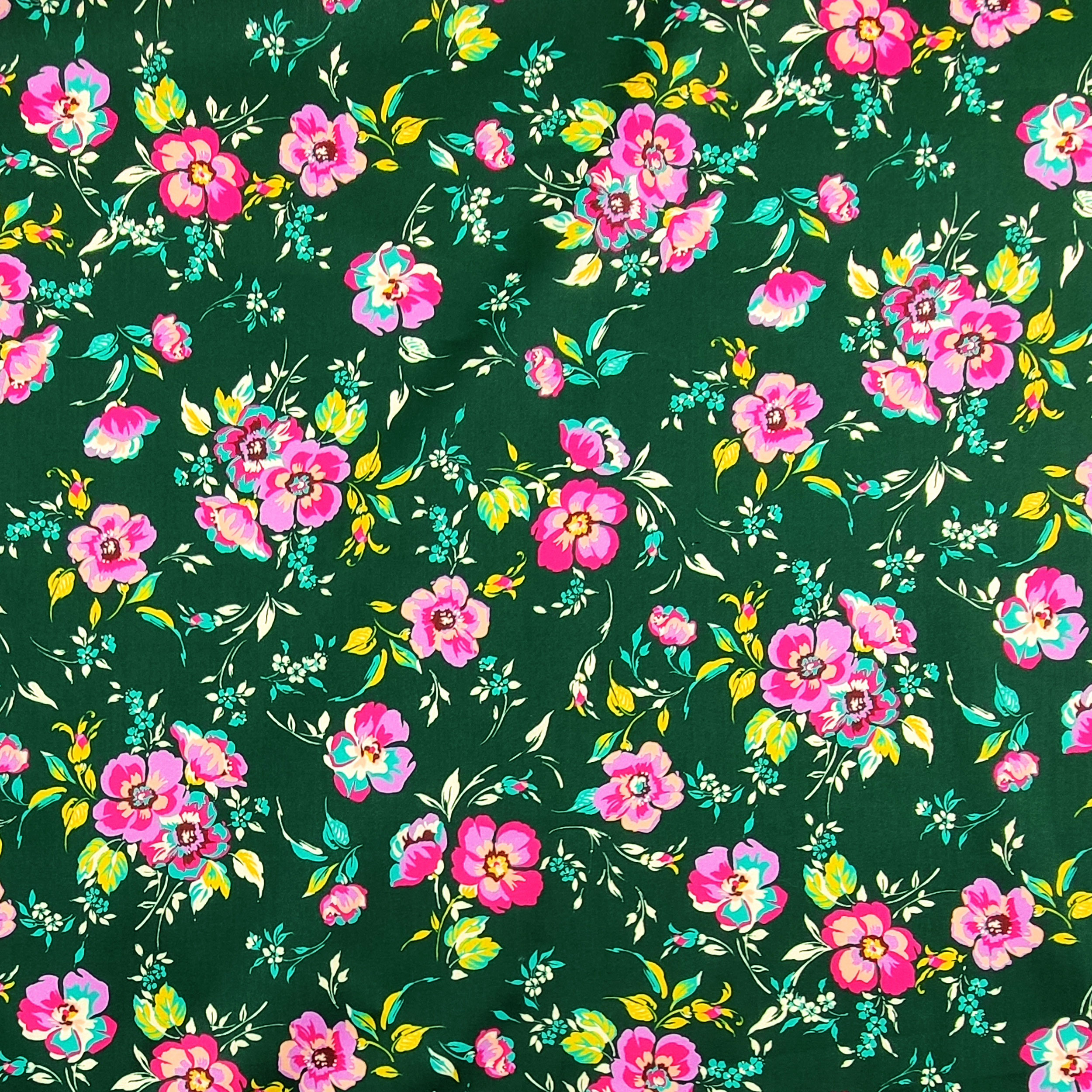 Cotton Rasatello with Floral Fantasy Background Dark Green