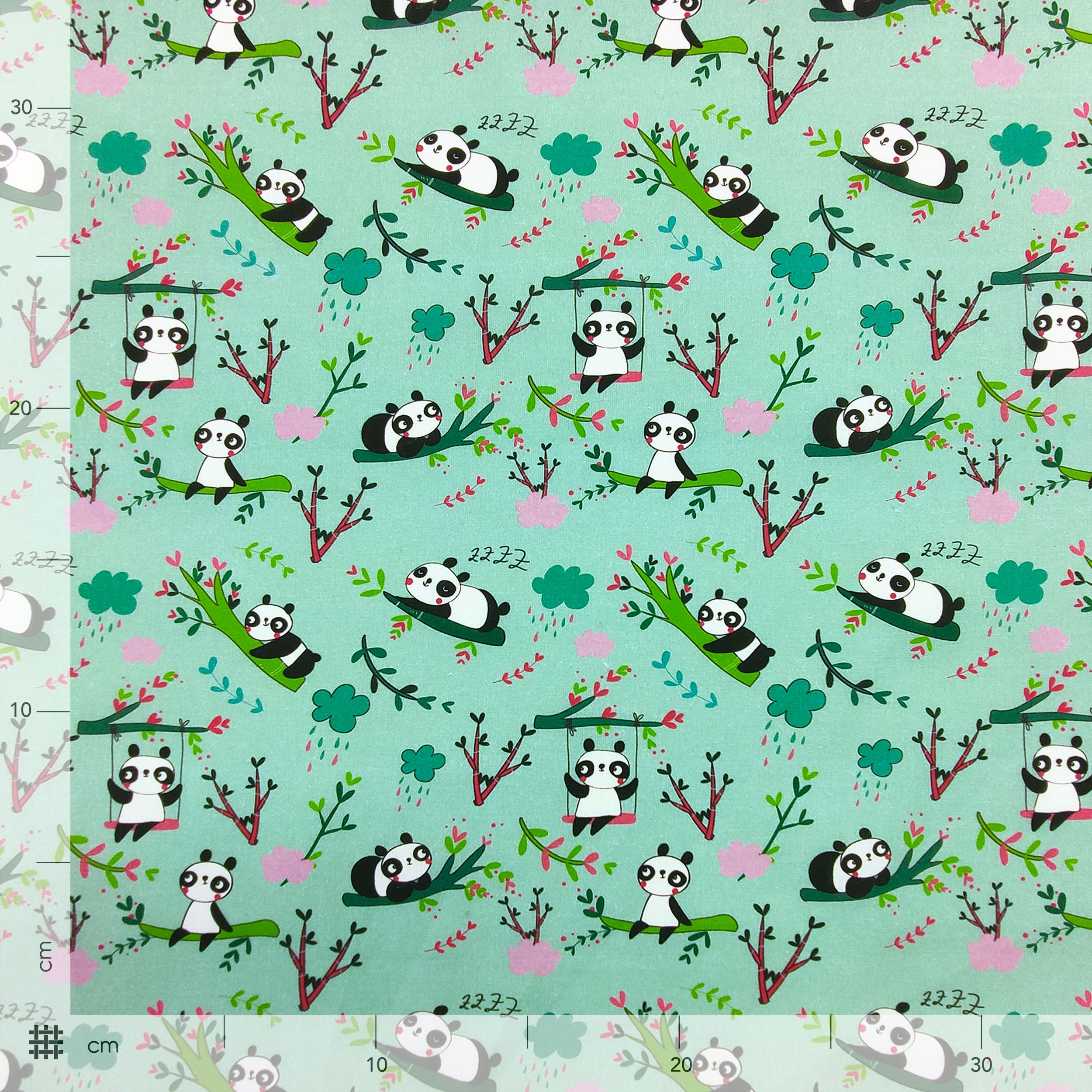 Panda en coton découpé petit fond vert menthe - Panini Fabrics 50x145 cm Image