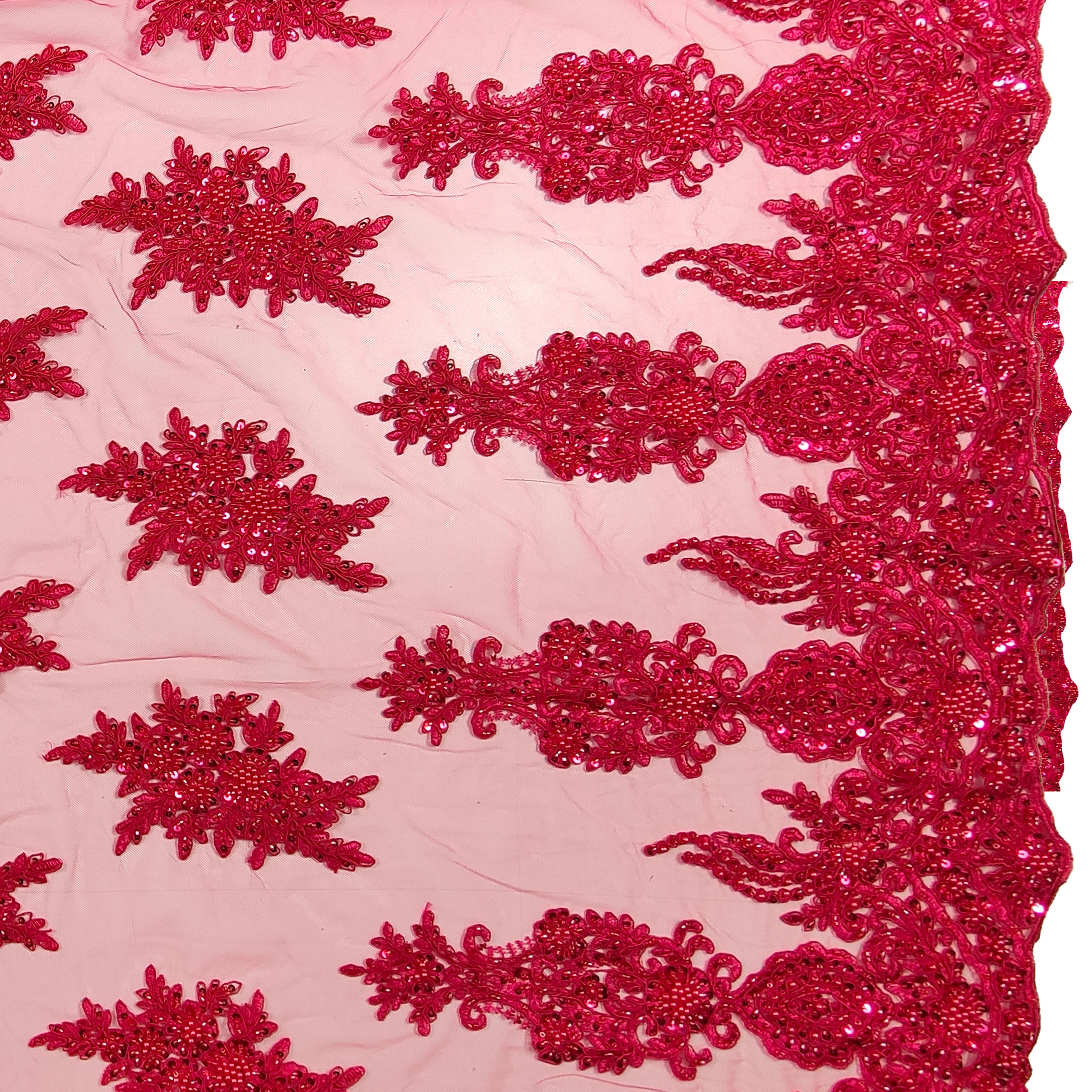High Fashion Beaded Double Edge Floral Lace - Magenta