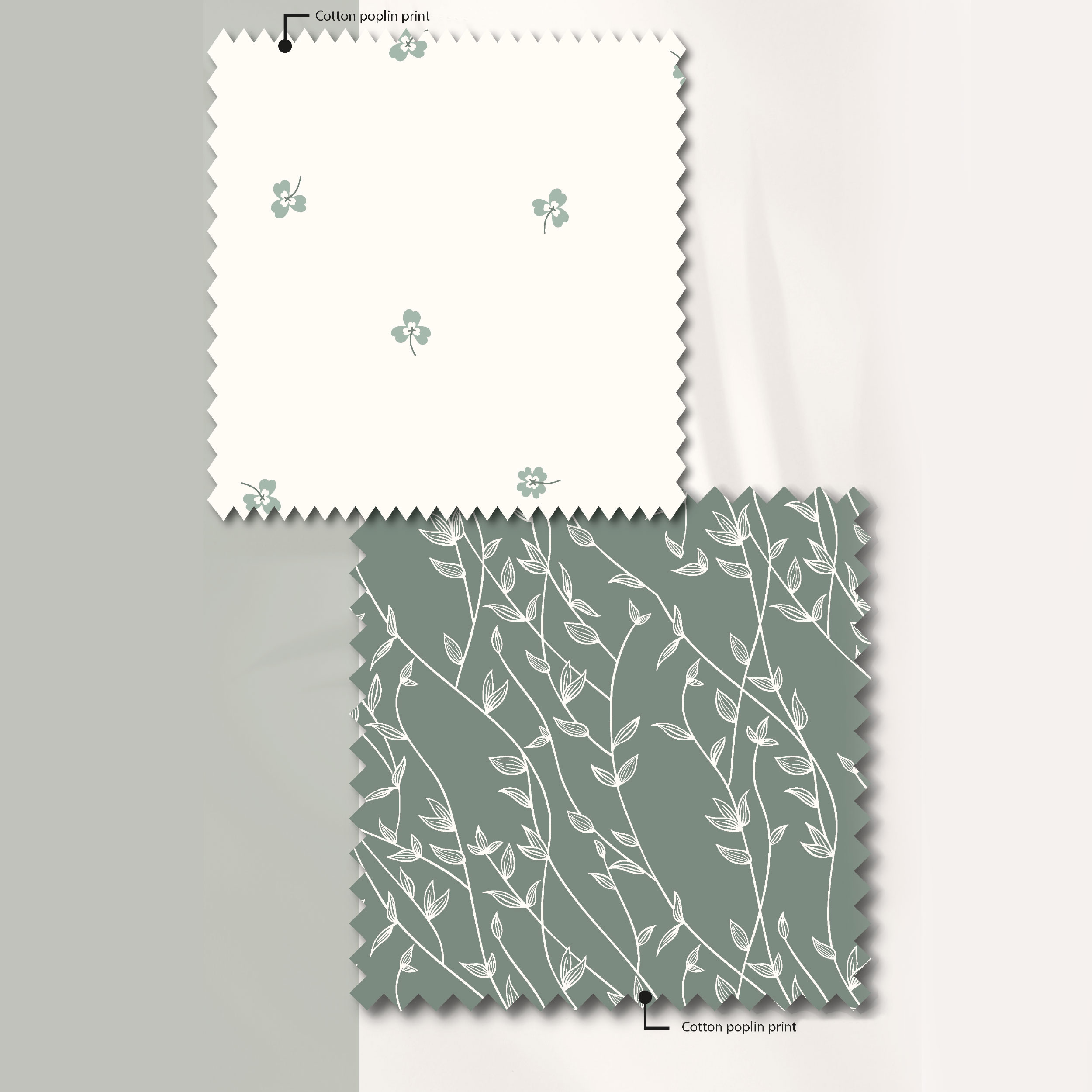 Sage Cotton Poplin with Branches and White Leaves