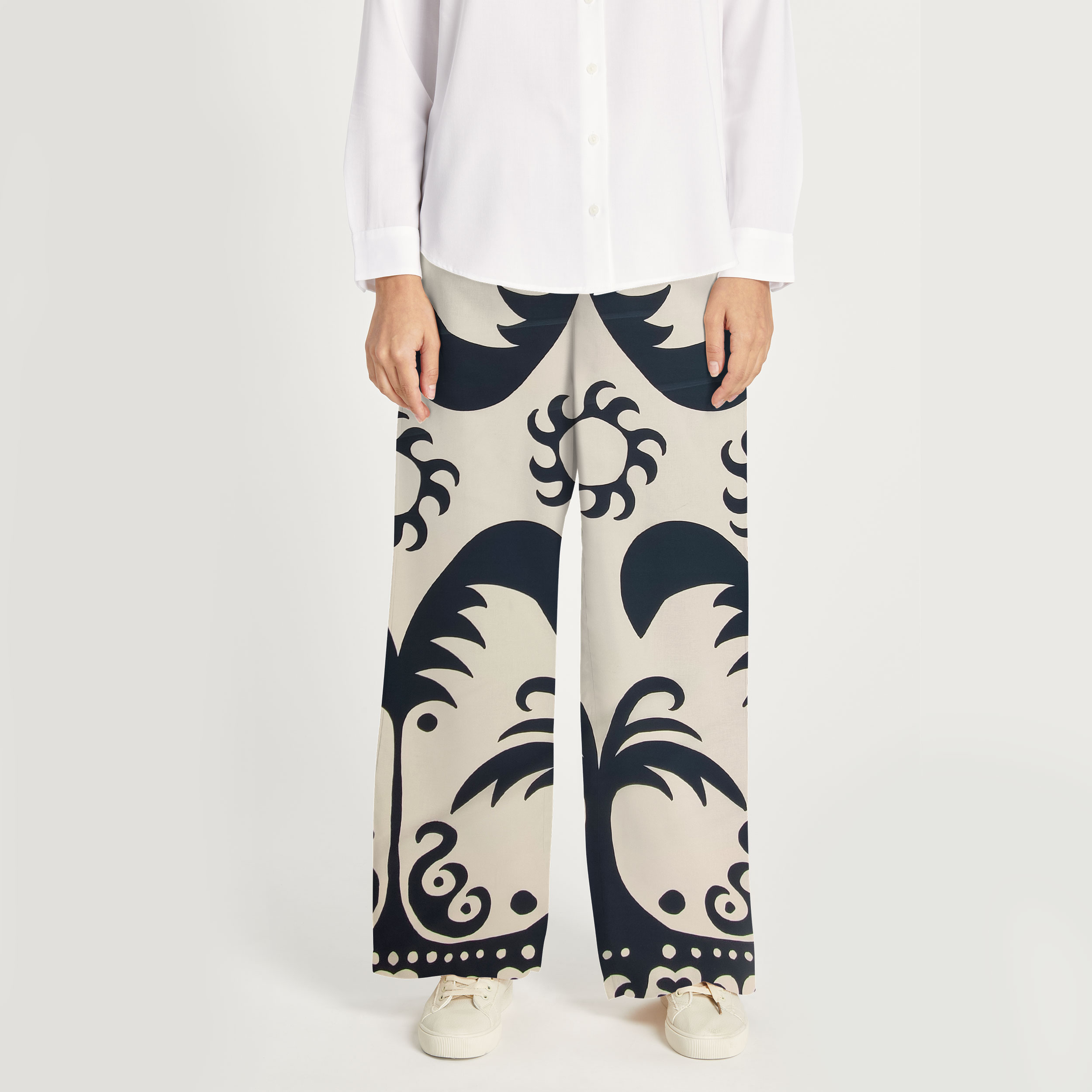 Satin de coton Fantaisie palmiers et soleils noir