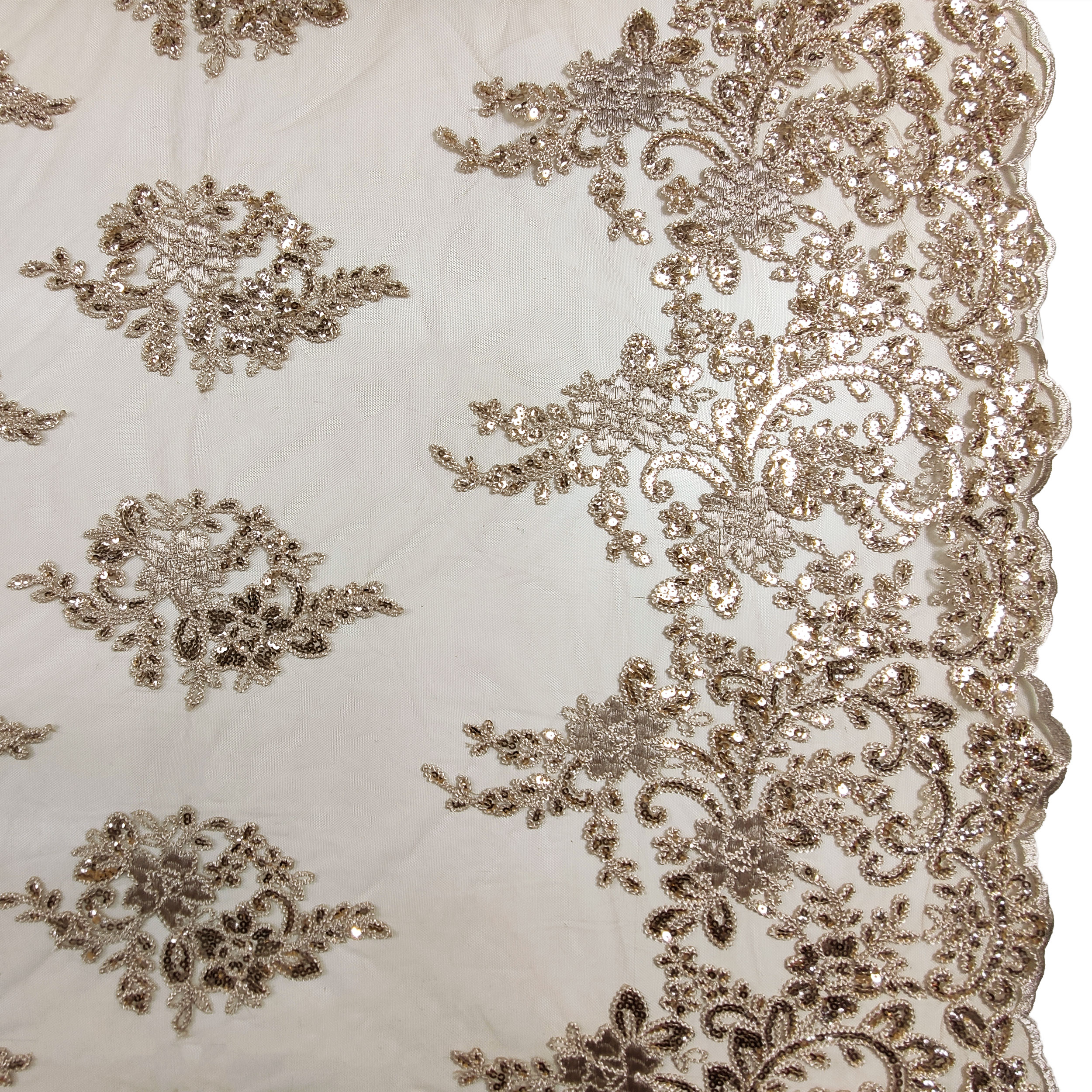Tissu Tulle Broderie Paillettes Double Feston Beige