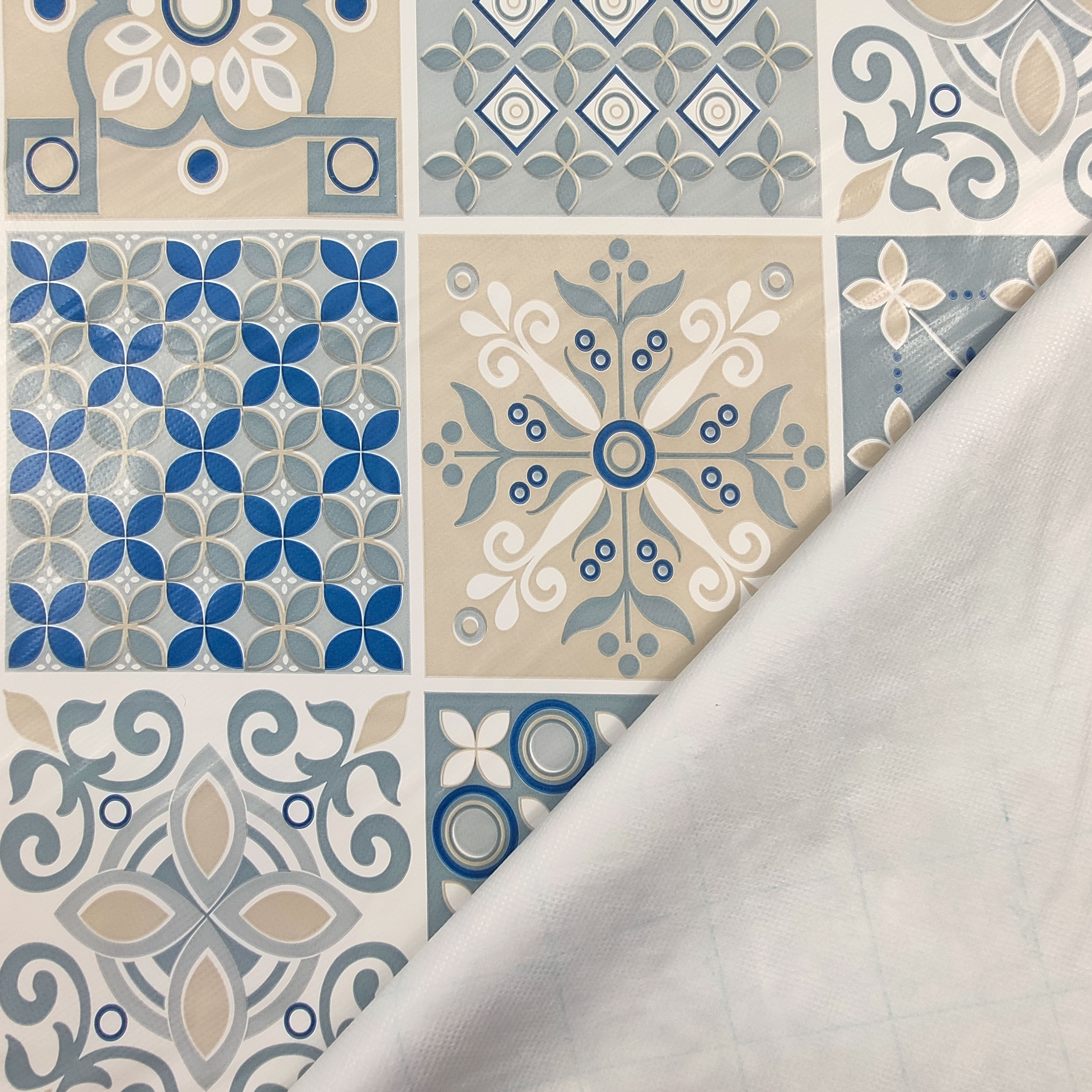 Plastic-coated Tablecloth Fabric Blue and Beige Floral Tiles Image