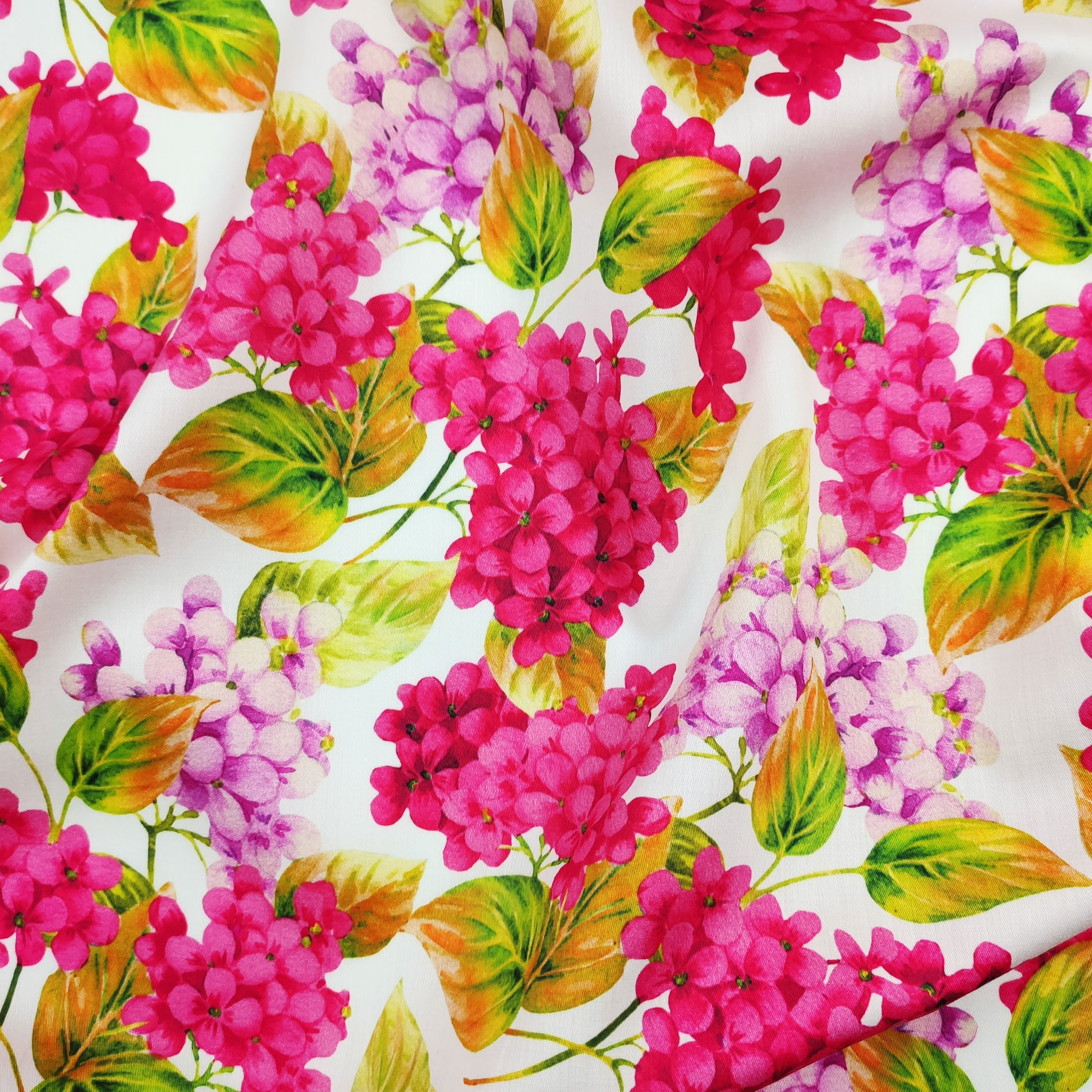 Rasatello Cotton White Flowers in Pink