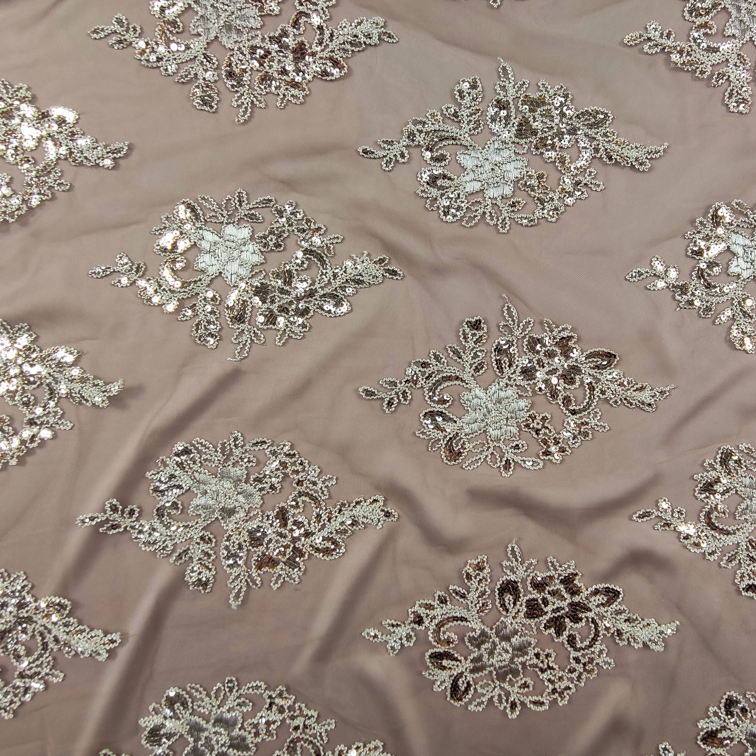 Tissu Tulle Broderie Paillettes Double Feston Beige