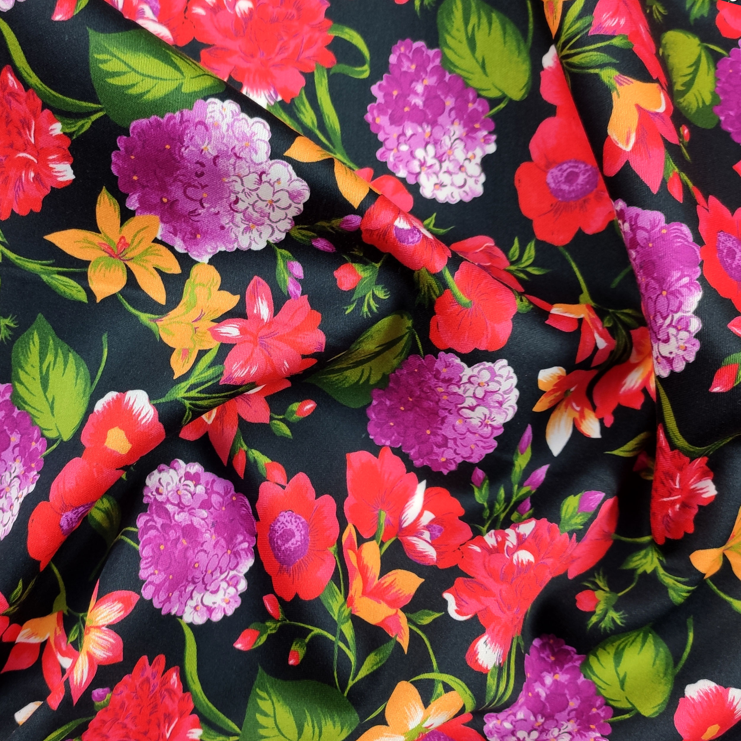 Cotton Rasatello Black Background with Red and Fuxia Flowers