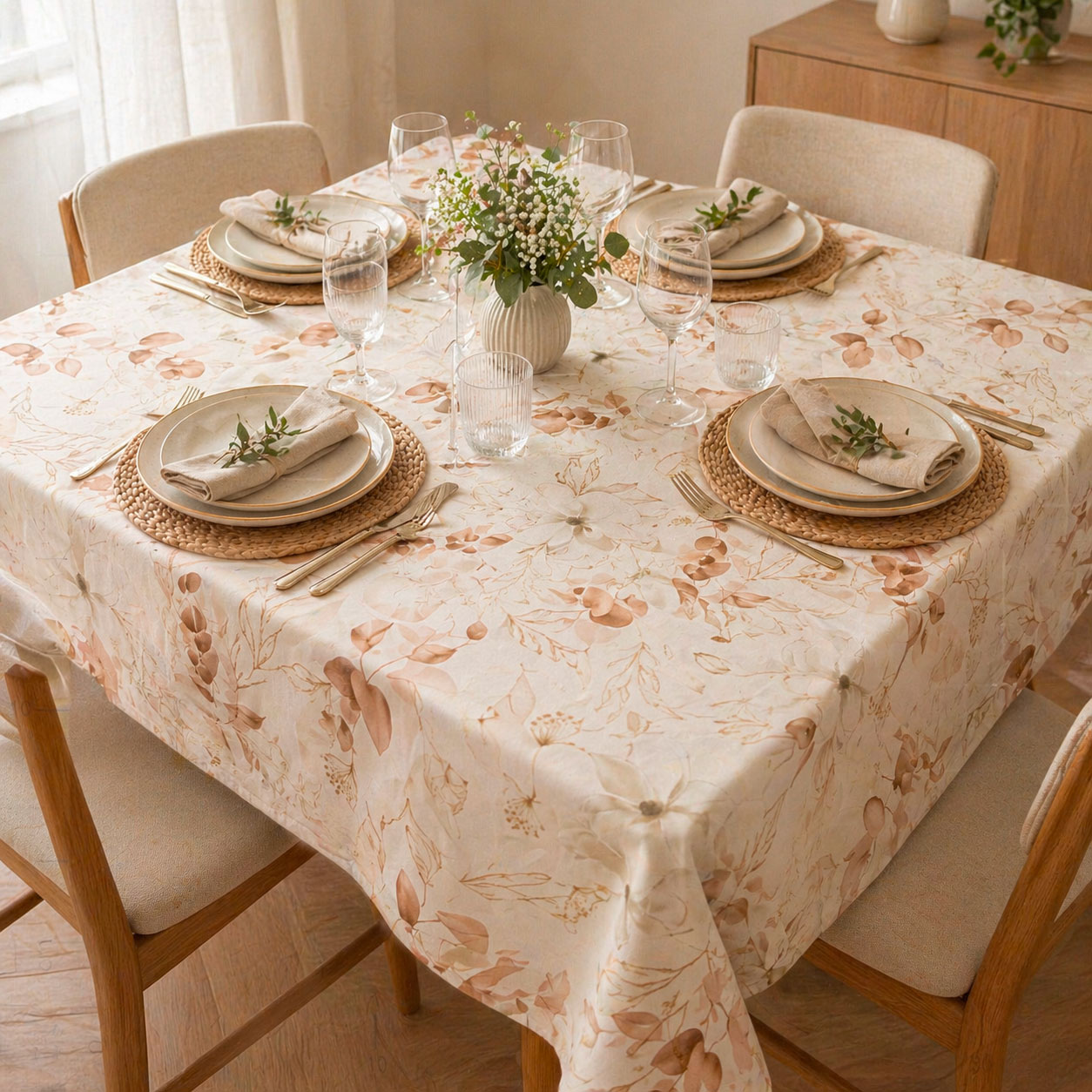 Fabric for Soft Plasticised Tablecloth Branches and Flowers Beige Image