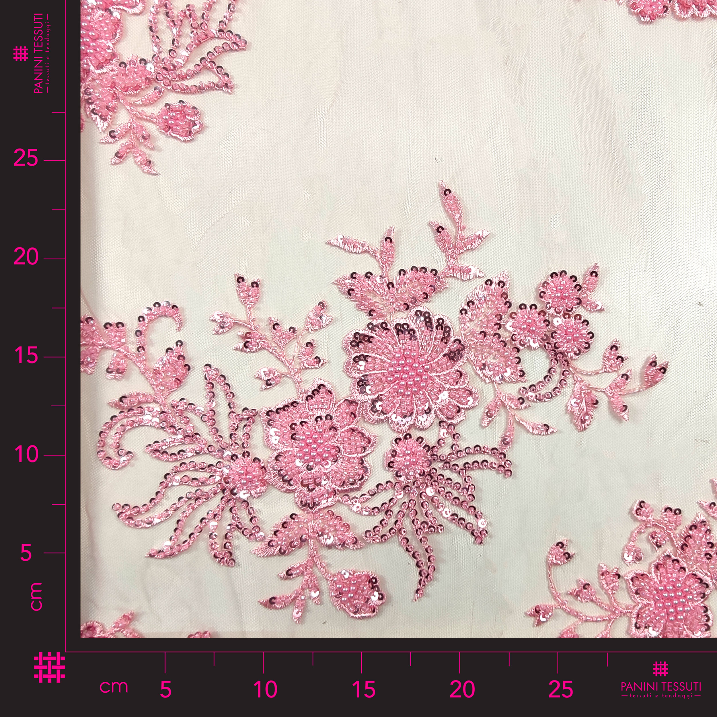 Floral Double Edge Beaded Tulle Lace - Pink 