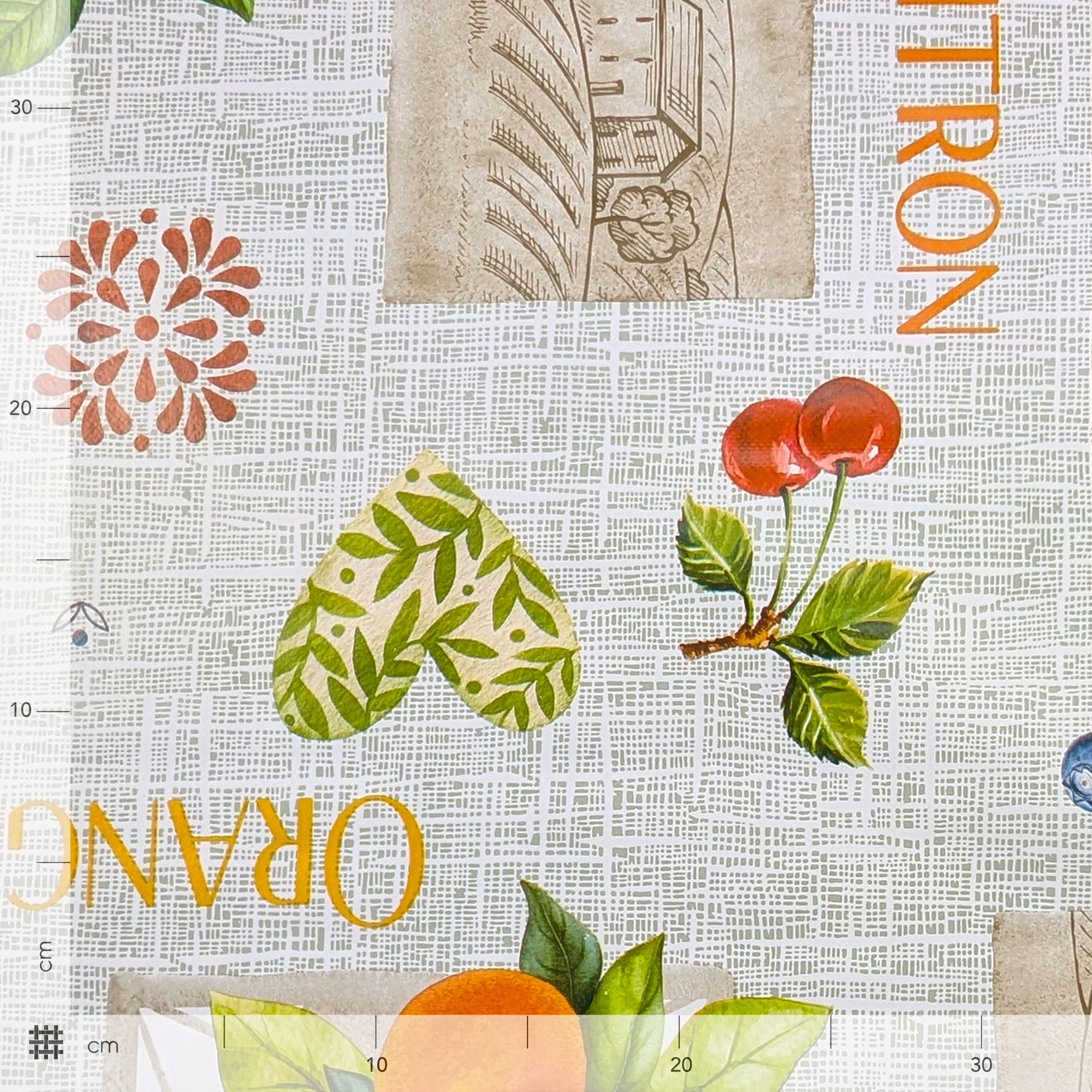 Fabric for Plasticised Tablecloth Fruits and Writings Image