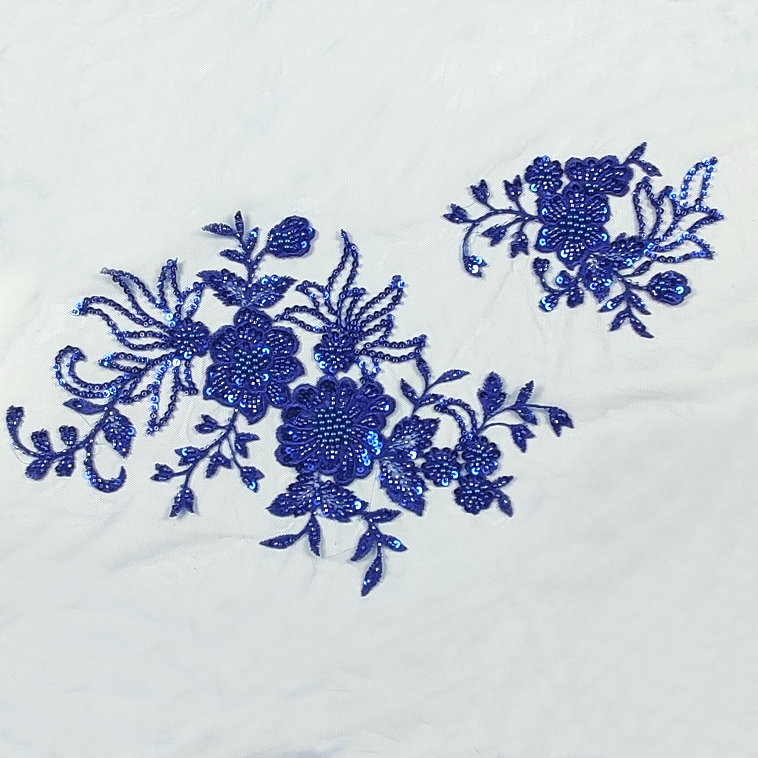 Floral Double Edge Beaded Tulle Lace - Cornflower Blue 