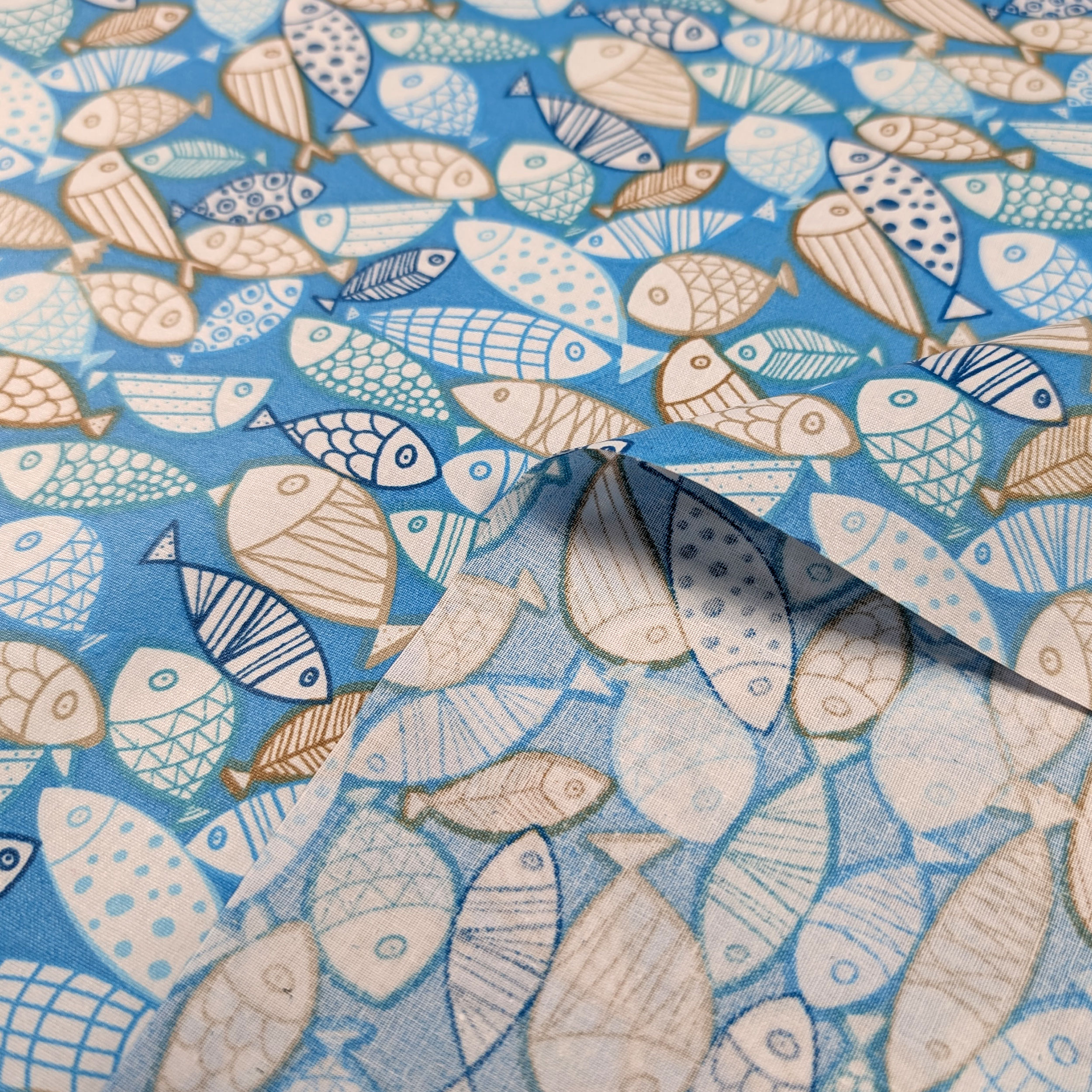 Enduite Tablecloth Fabric Stain-Free Fish Light Blue Image
