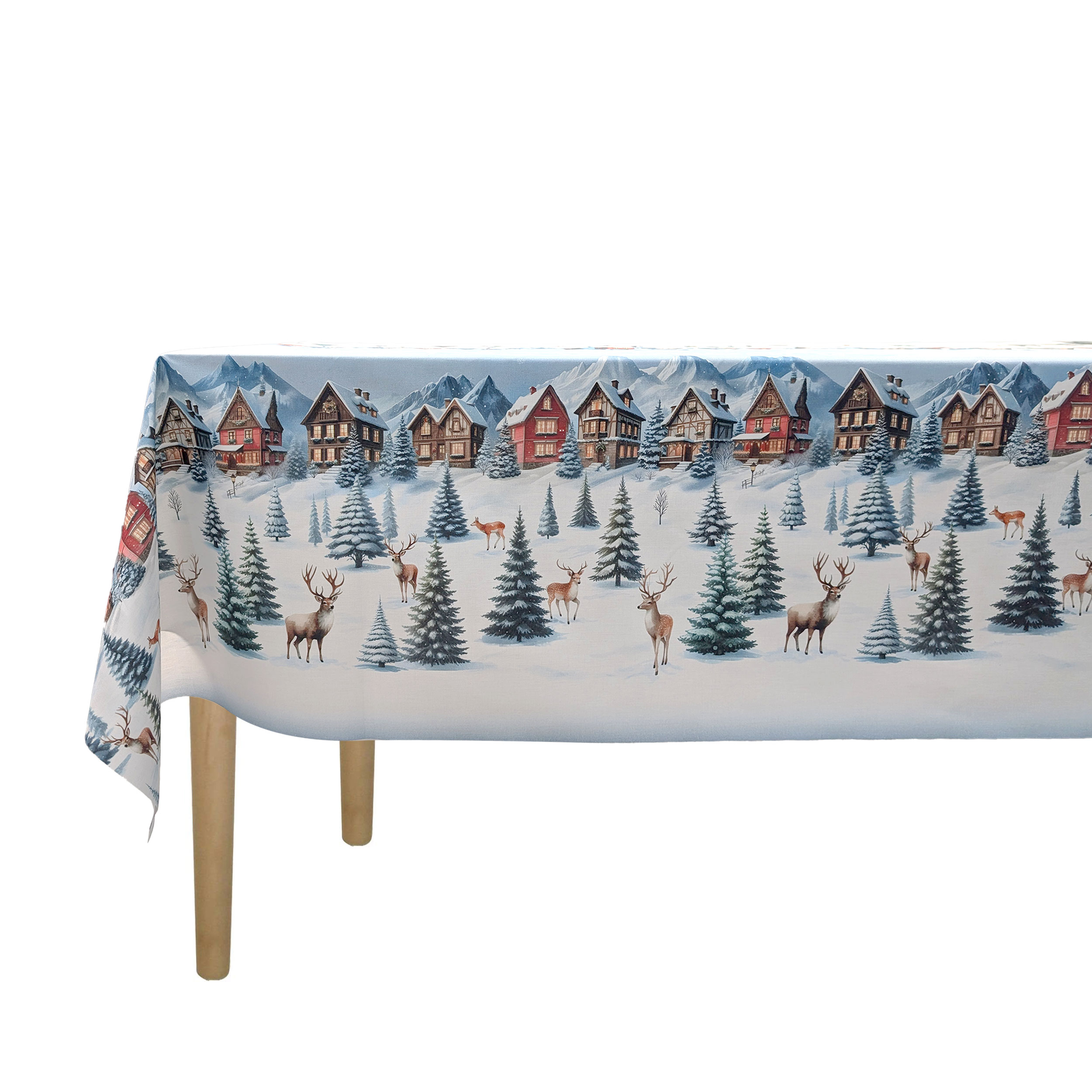 Resin Tablecloth Fabric with Snow Village Border Image