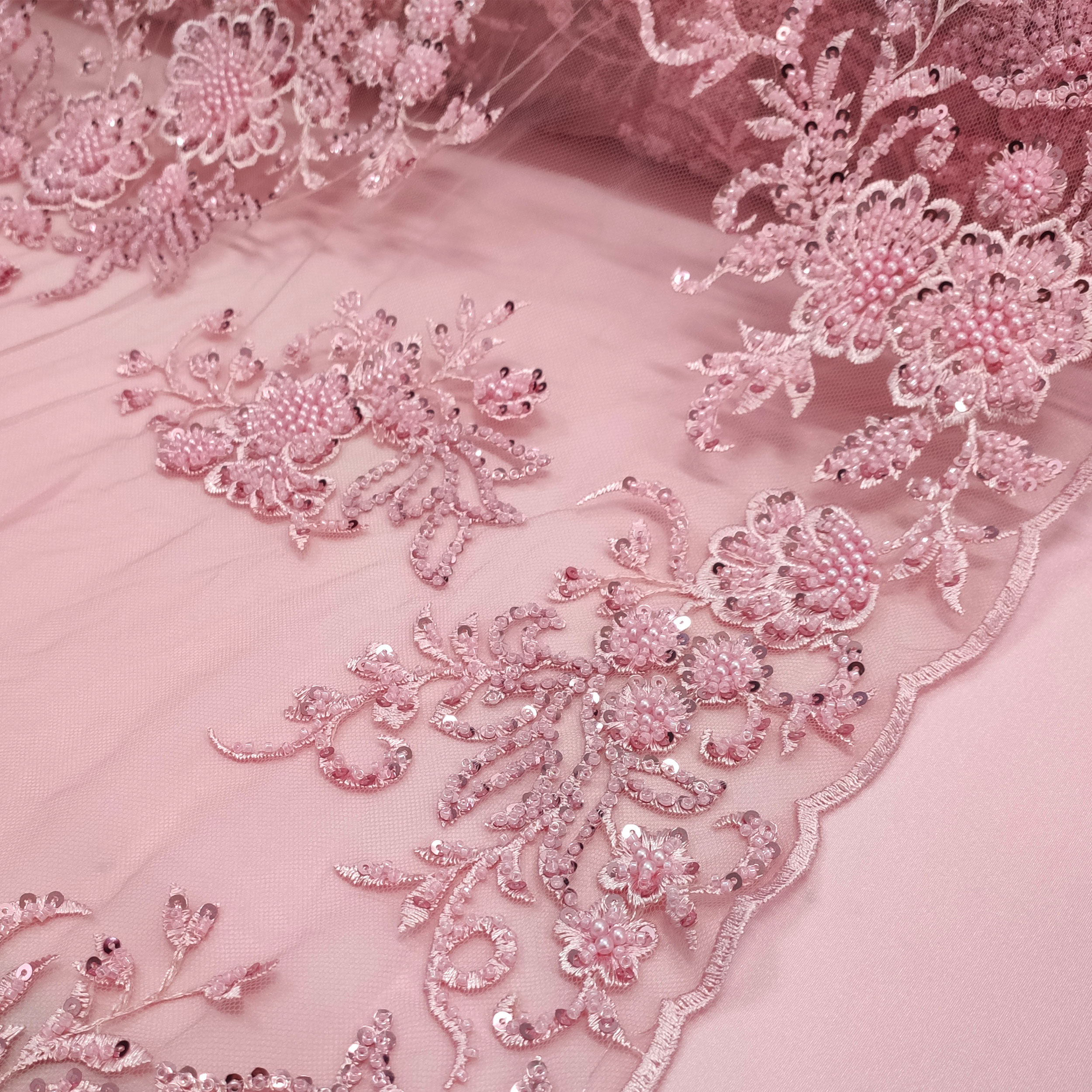 Floral Double Edge Beaded Tulle Lace - Pink 