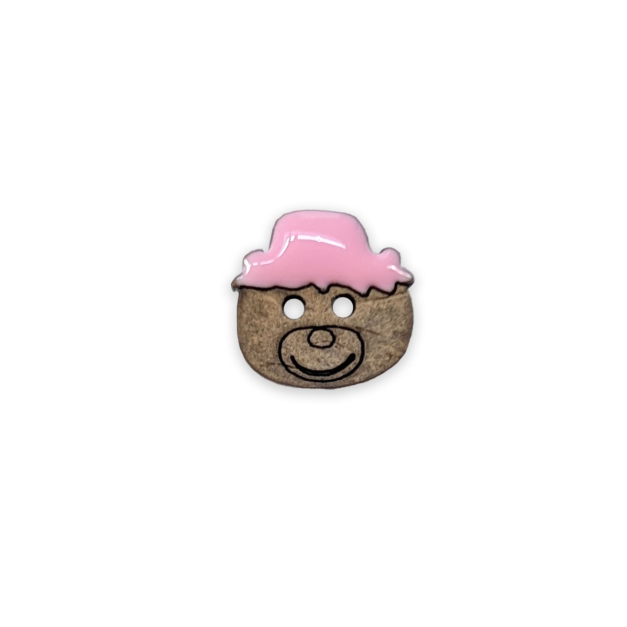Wooden Button Teddy Bear with Hat Pink 2 Holes Image
