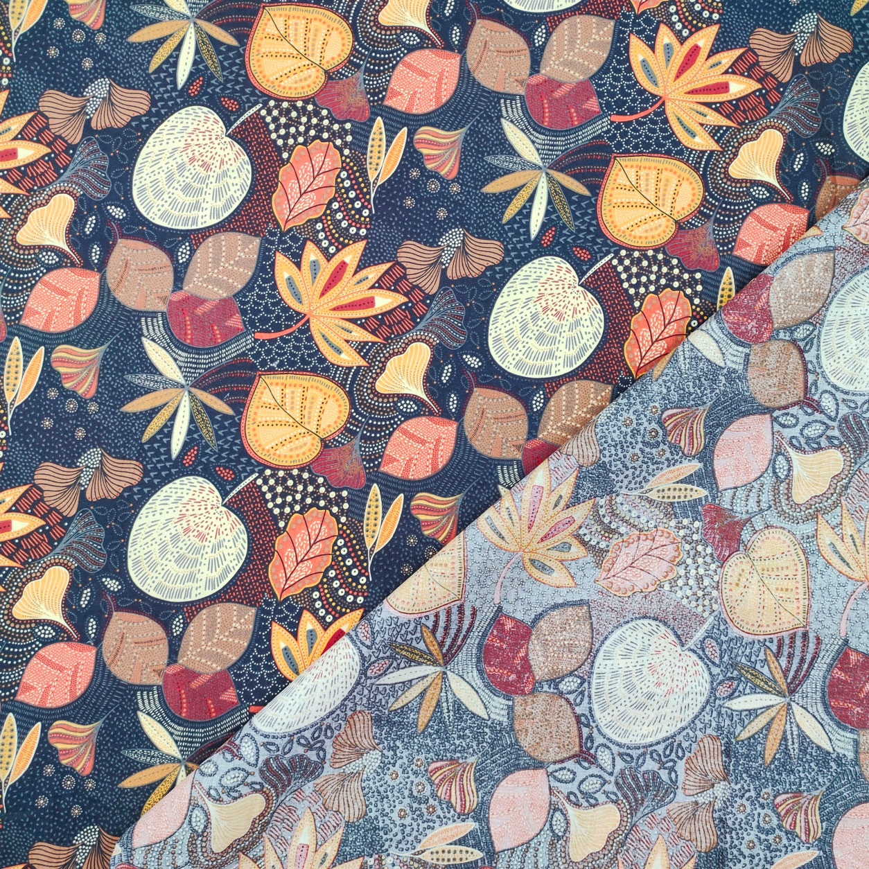tessuti-in-cotone-foglie-puntinate-marrone-blu