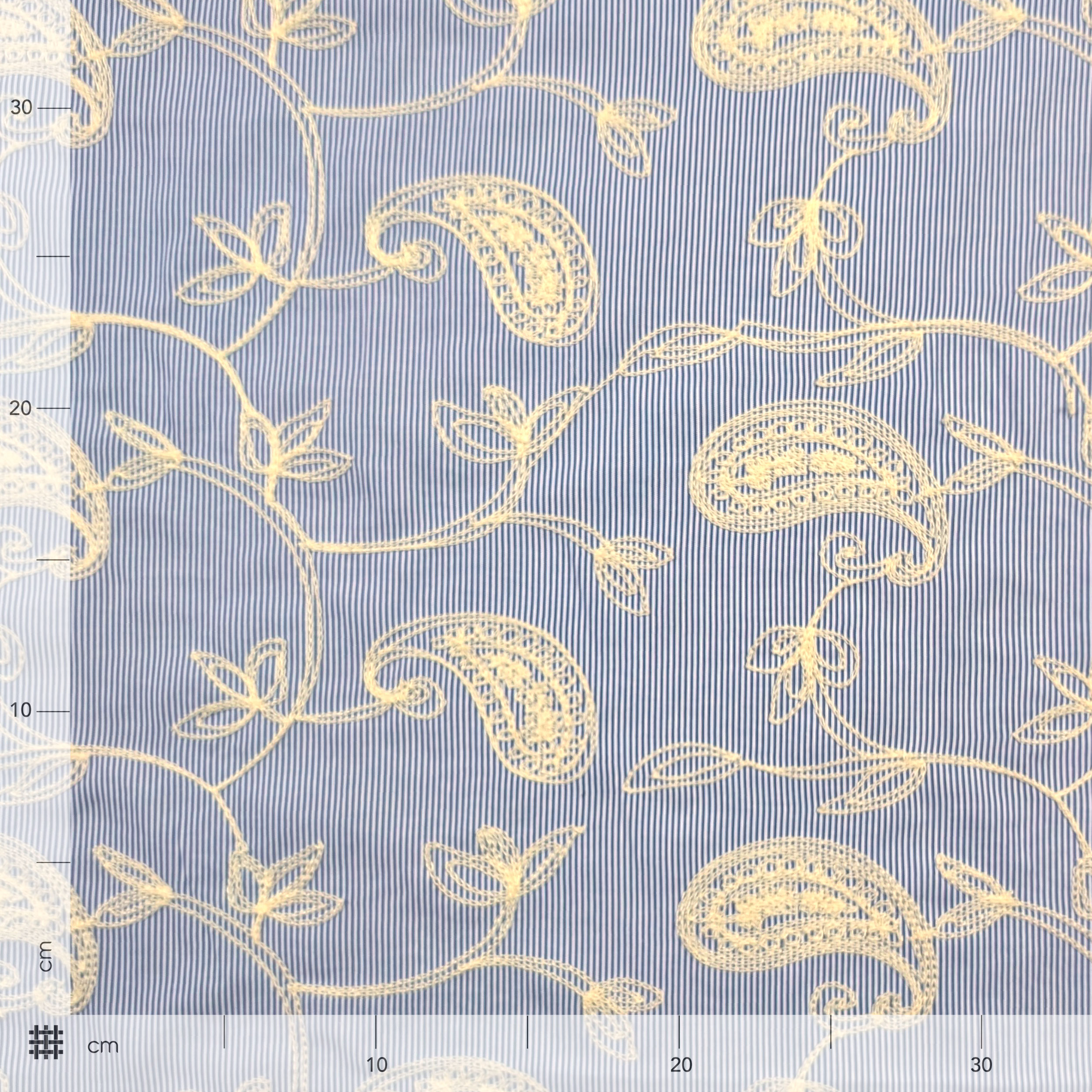 Blue Fine-Striped Cotton with Embroidered Leaves Image