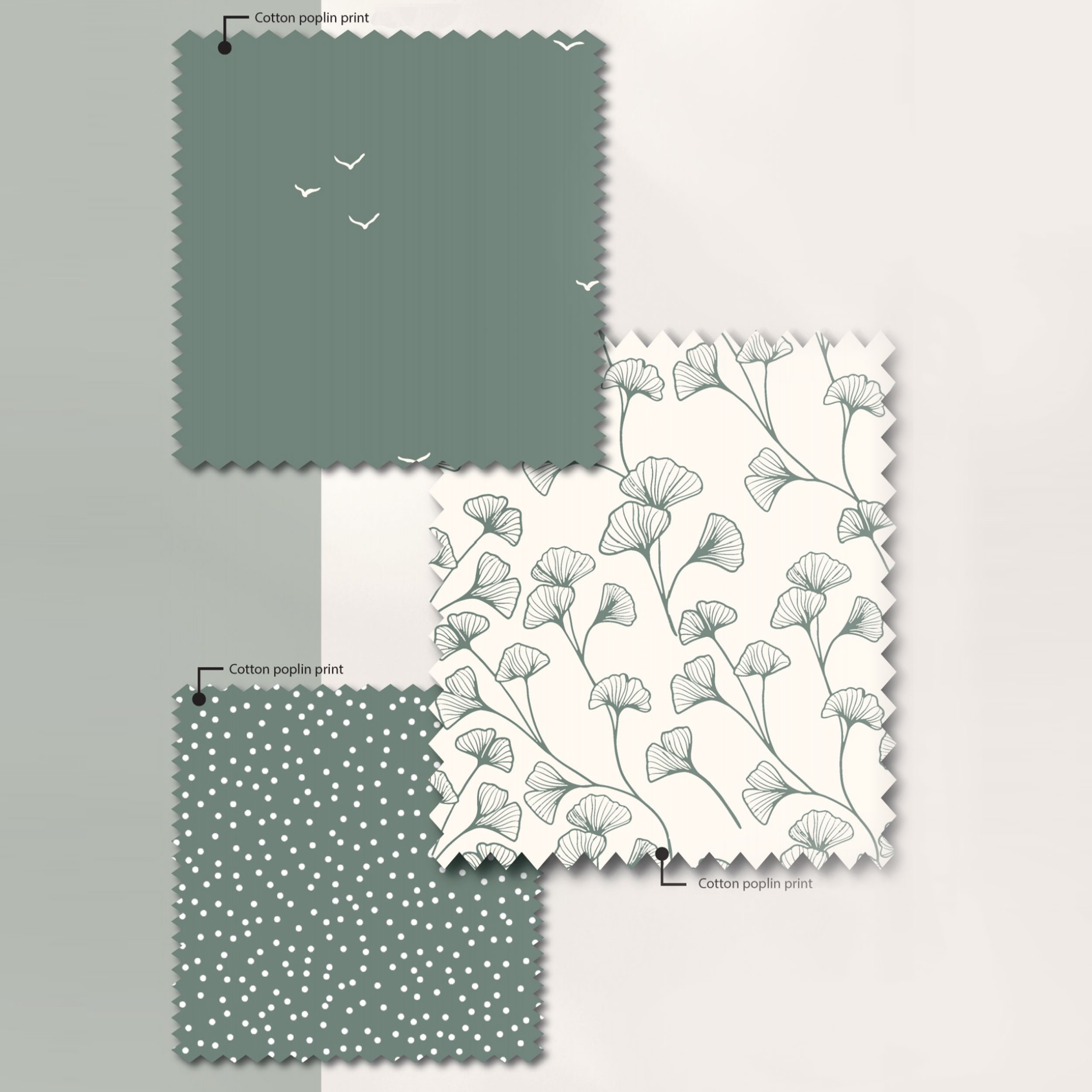 Coton blanc à pois fond vert gris