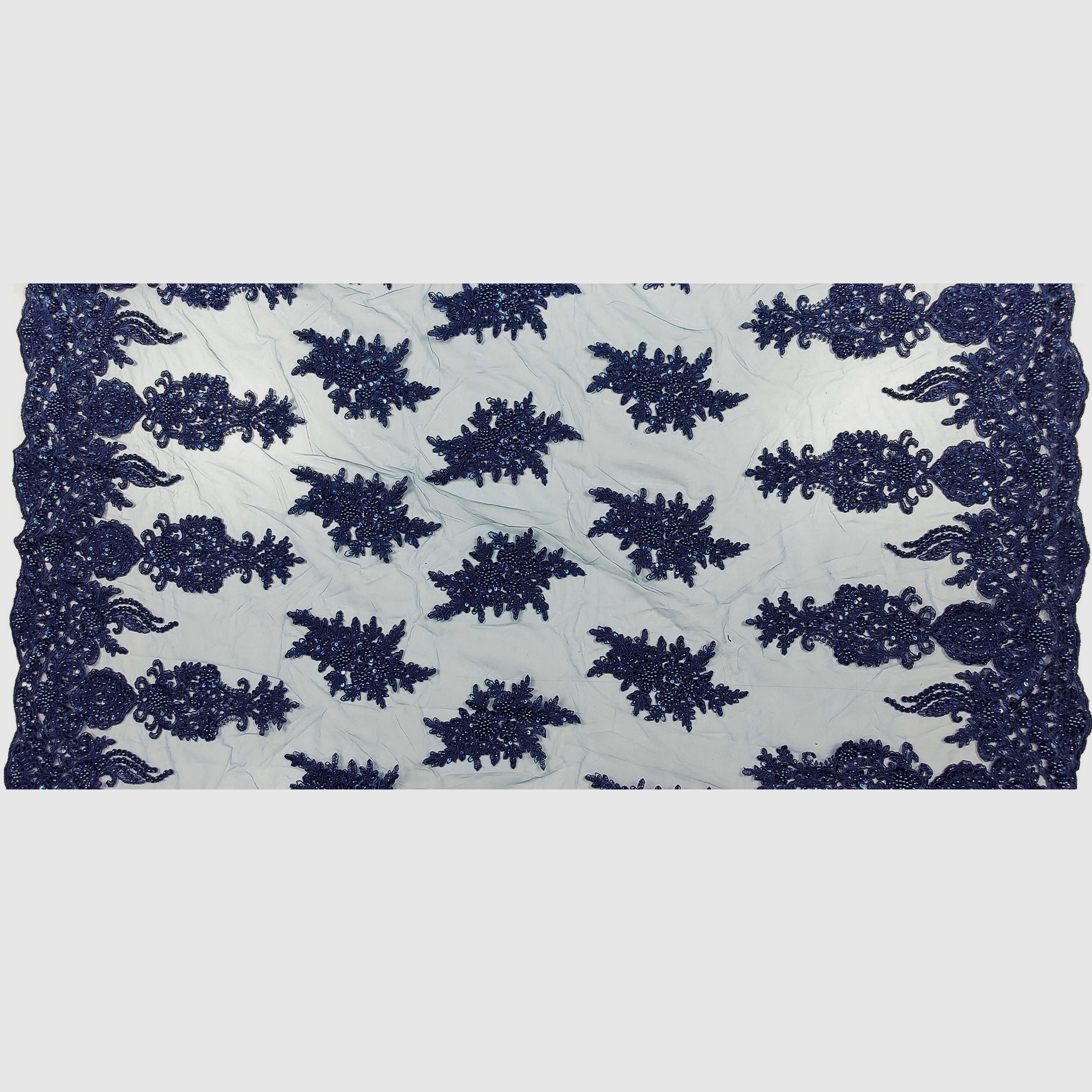 High Fashion Beaded Double Edge Floral Lace - Blue