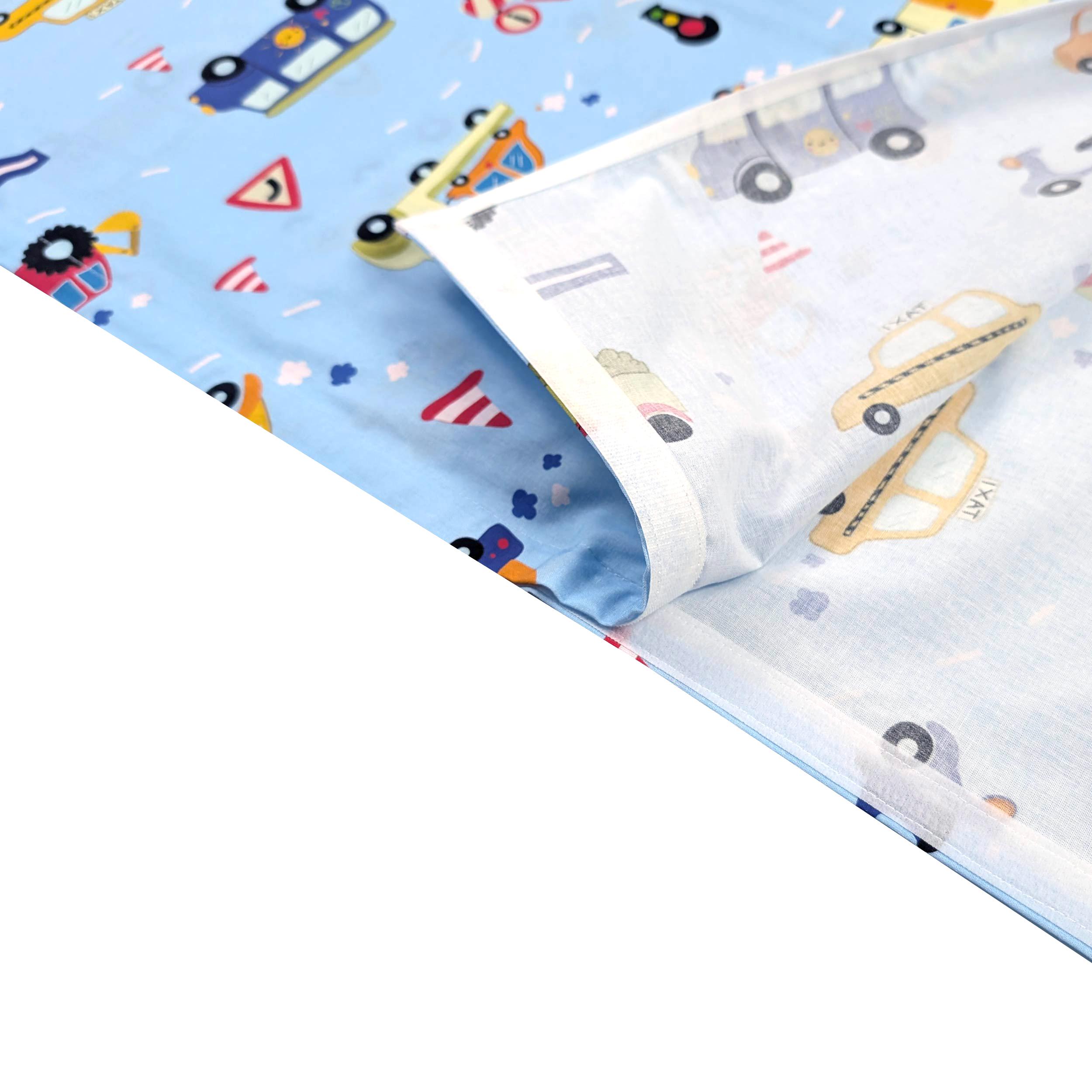 Contoured Summer Sleeping Bag for Camp Beds and Toy Cars – Light Blue Background Image