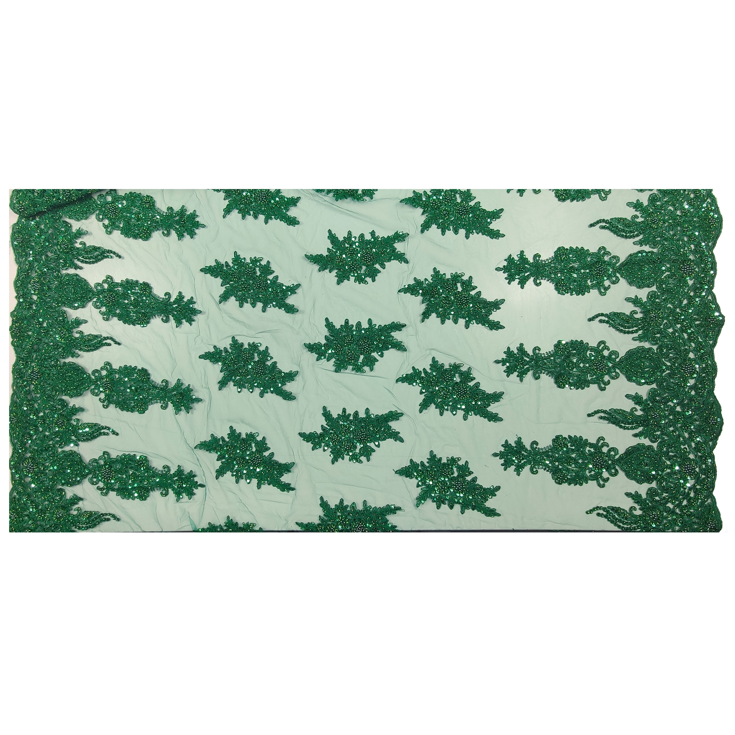 High Fashion Beaded Double Edge Floral Lace - Emerald 