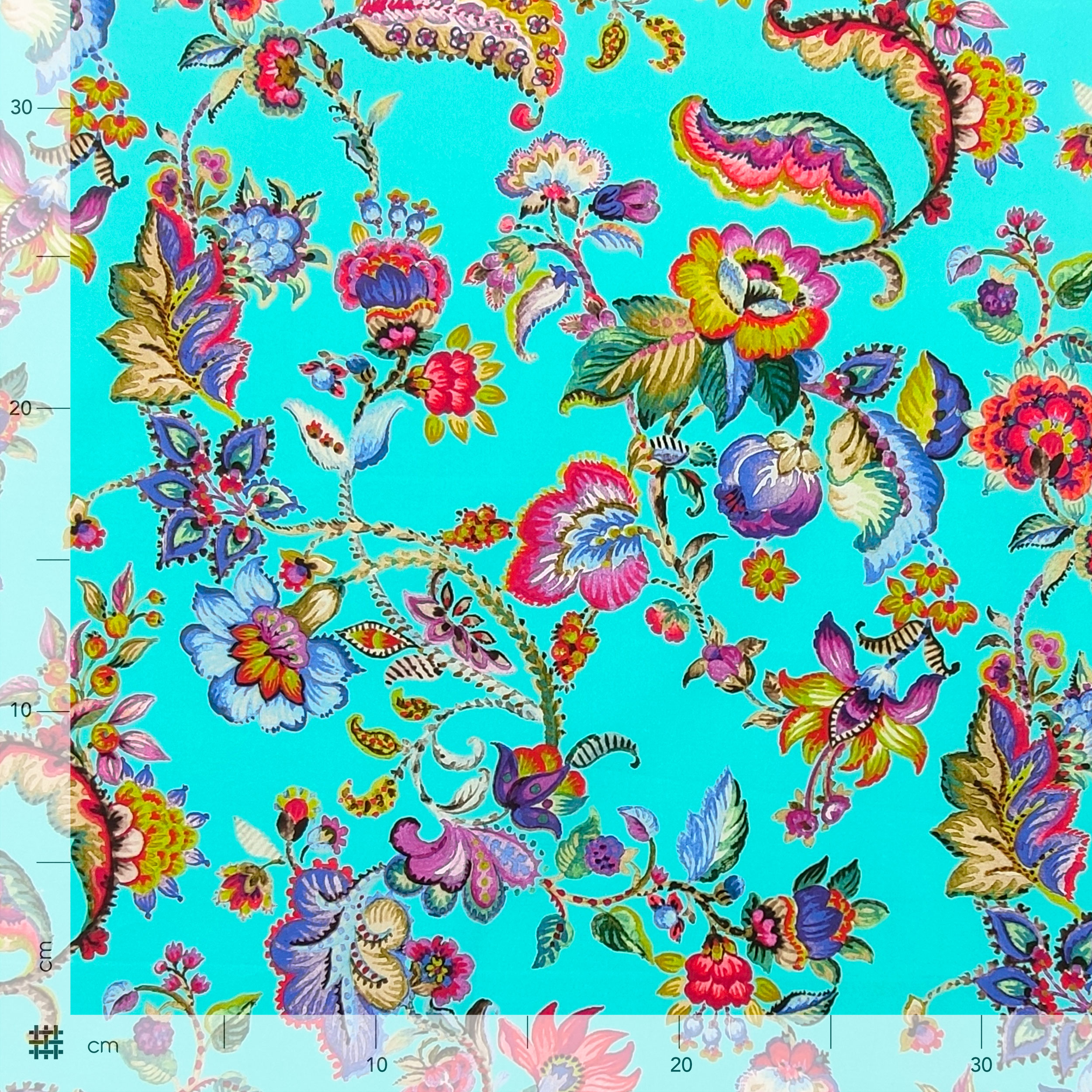 Stretch Cotton Cyan Background with Flowers