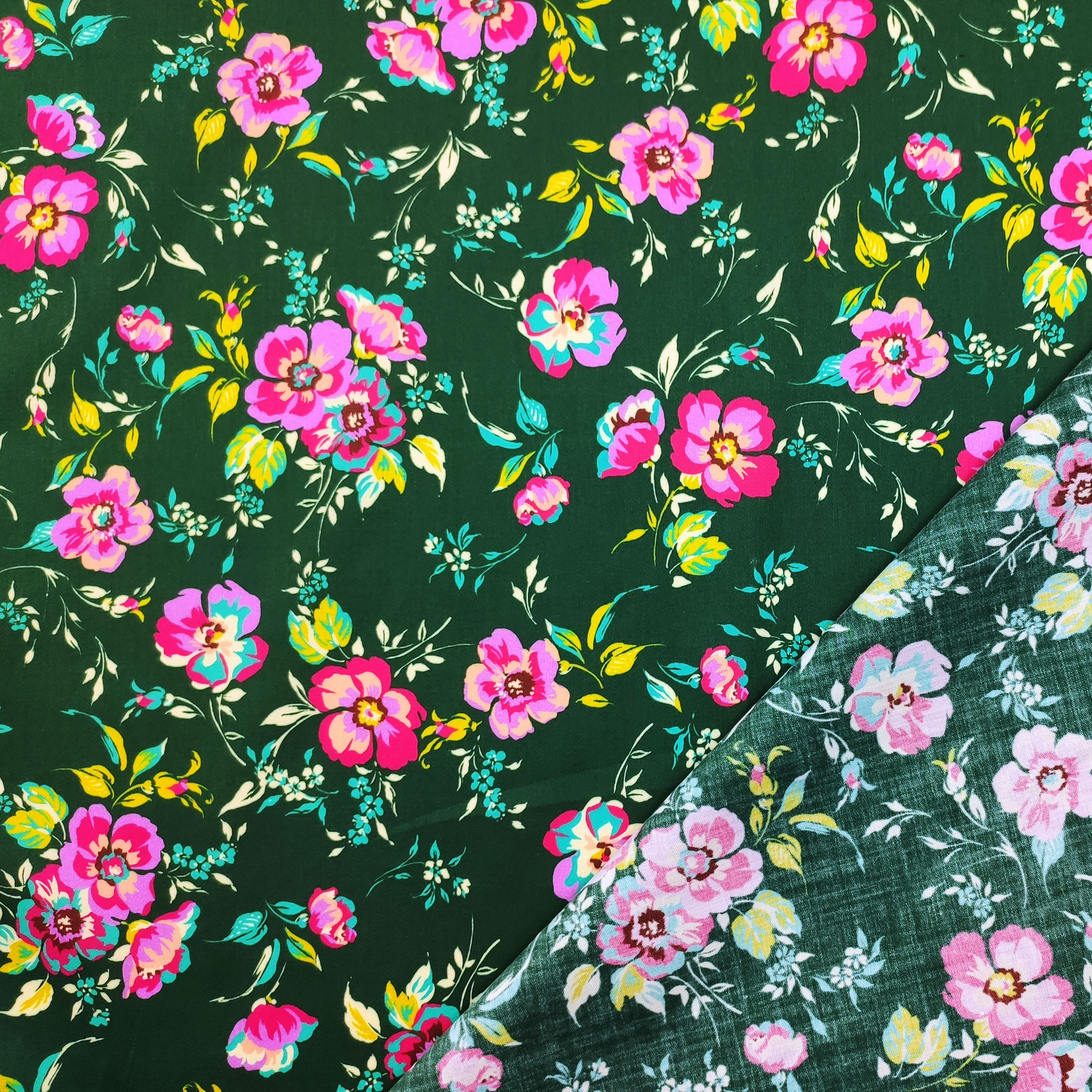 Cotton Rasatello with Floral Fantasy Background Dark Green