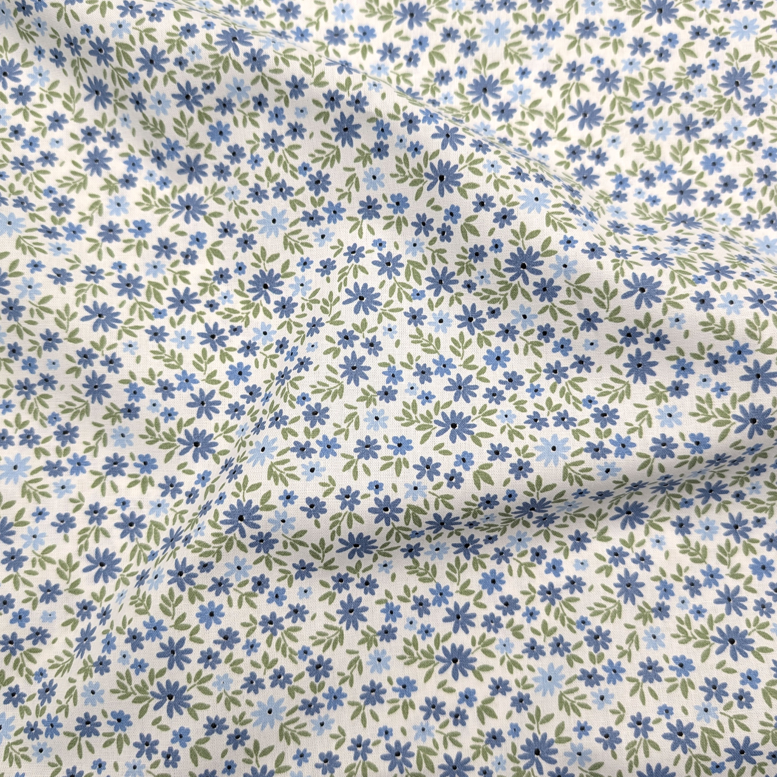 Light Blue and Blue Flowered Cotton Poplin