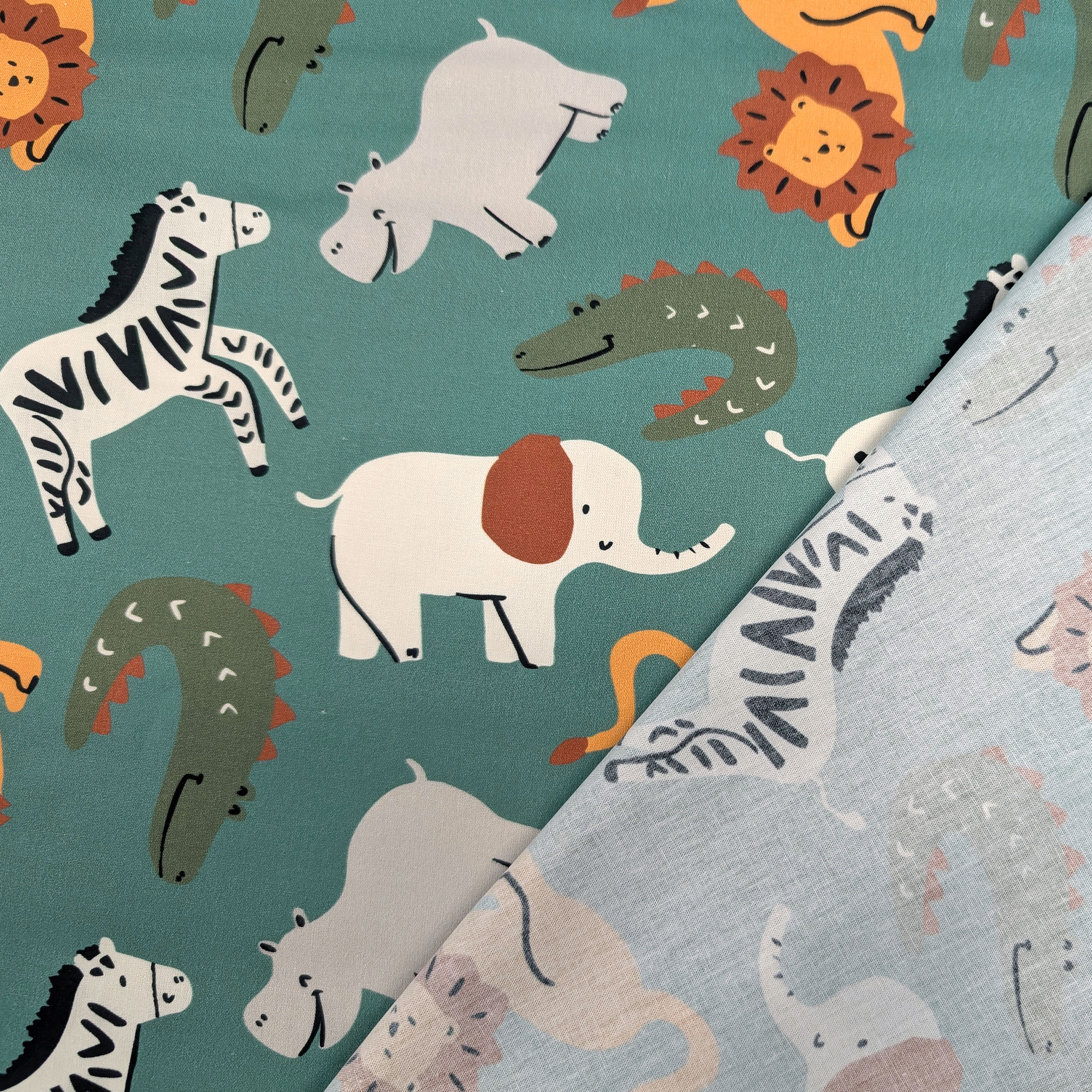 Poplin Cotton Savannah Animals Green Background Image