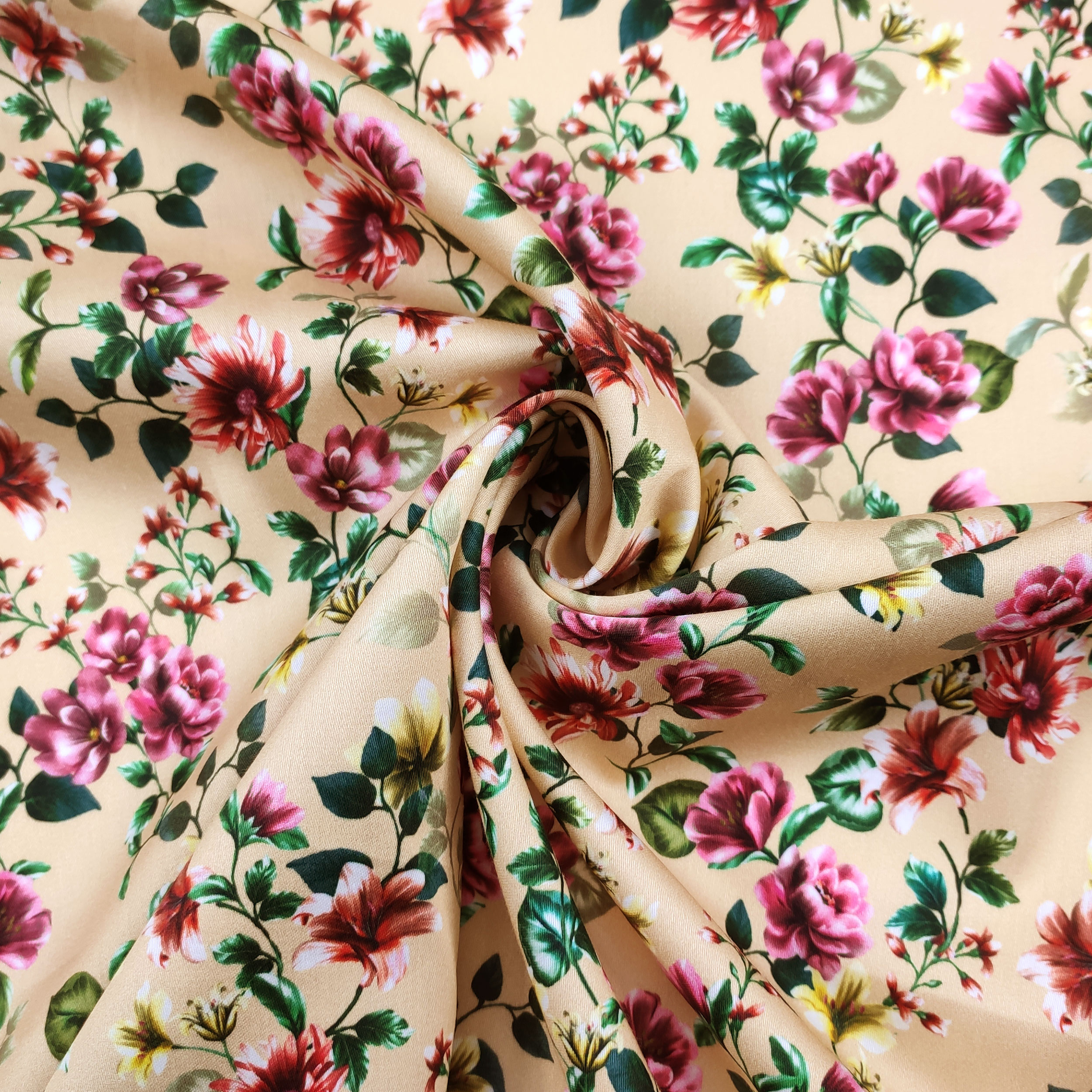 Cotton Rasatello Beige Background with Flowers