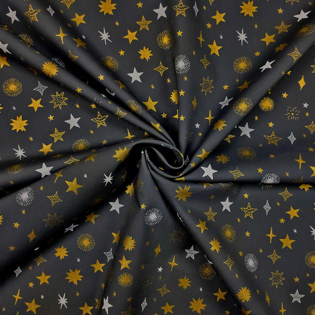 Tela de algodón Estrellas Oro Fondo Blanco Gris