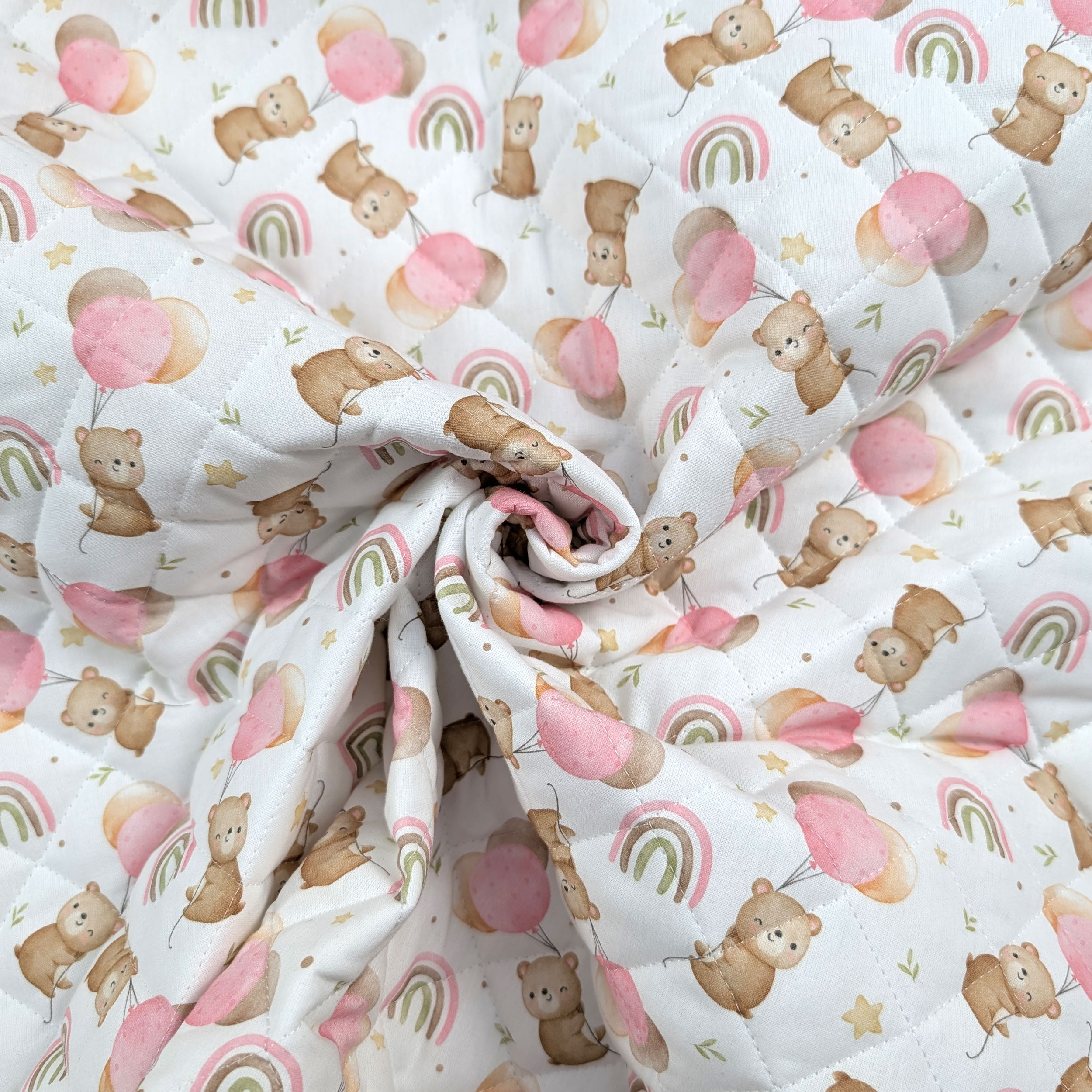 Pink Quilted Fabric with Bears and Balloons Image