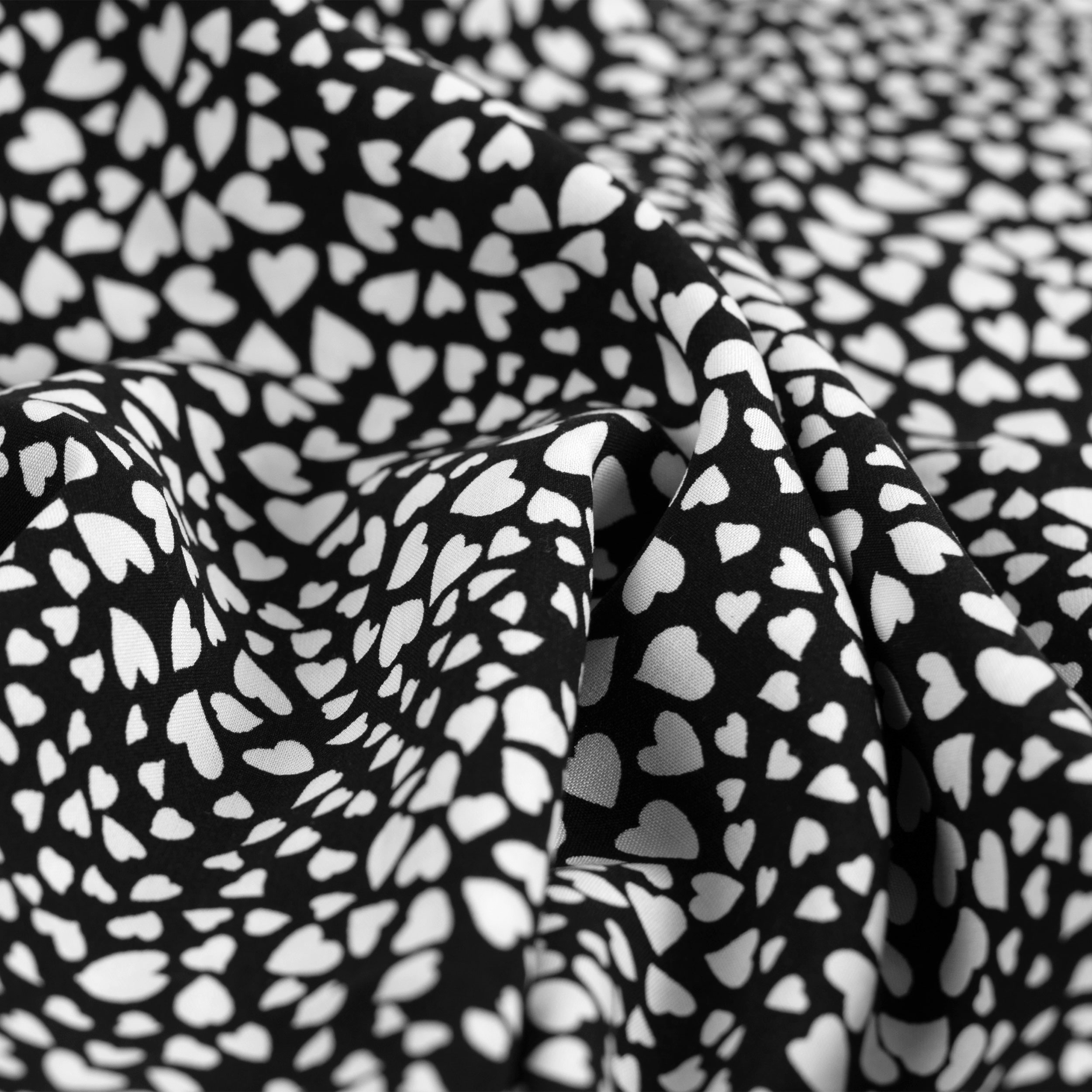 Viscose Poplin White Hearts Black Background Image