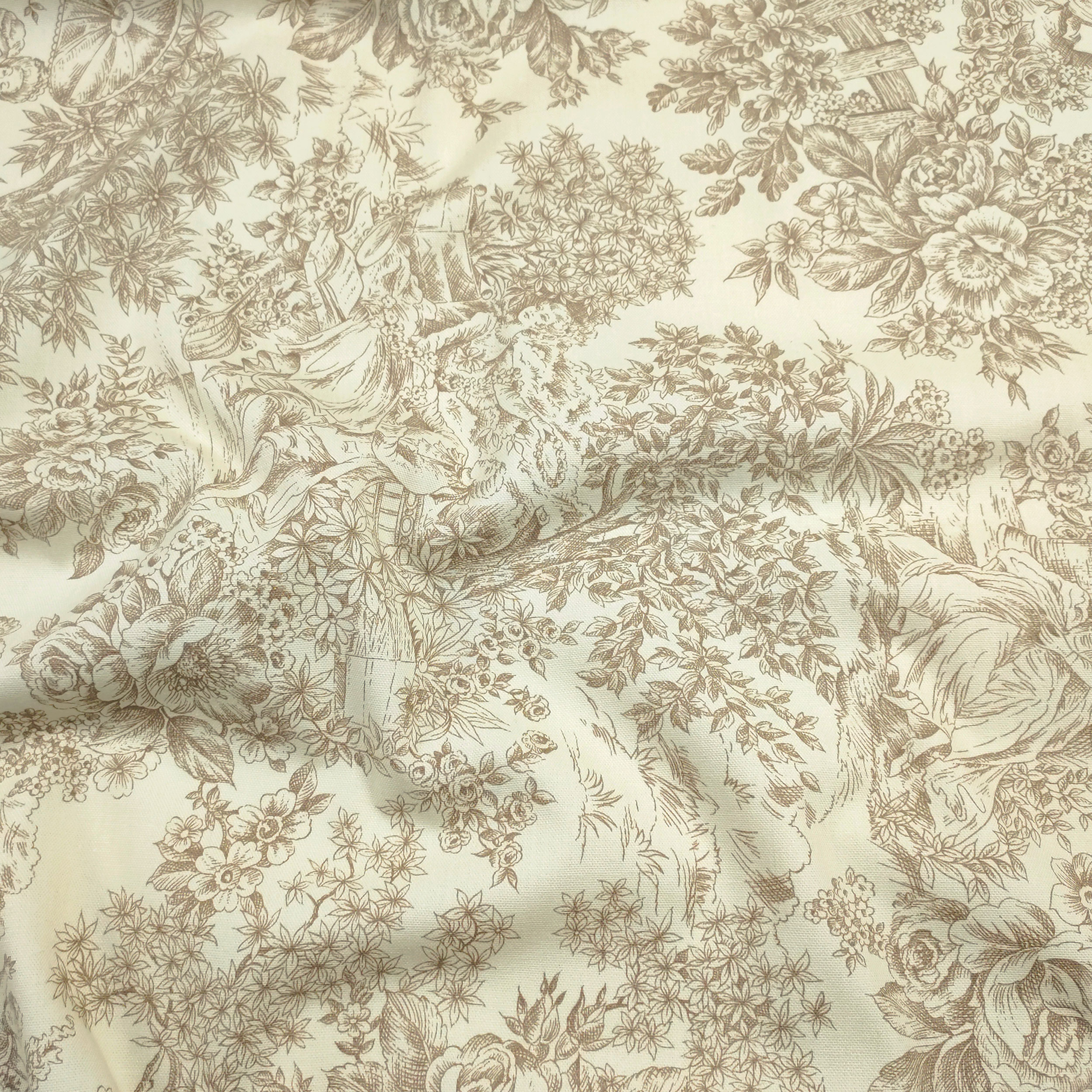 Panama Fabric Toile De Jouy Beige Cream Background