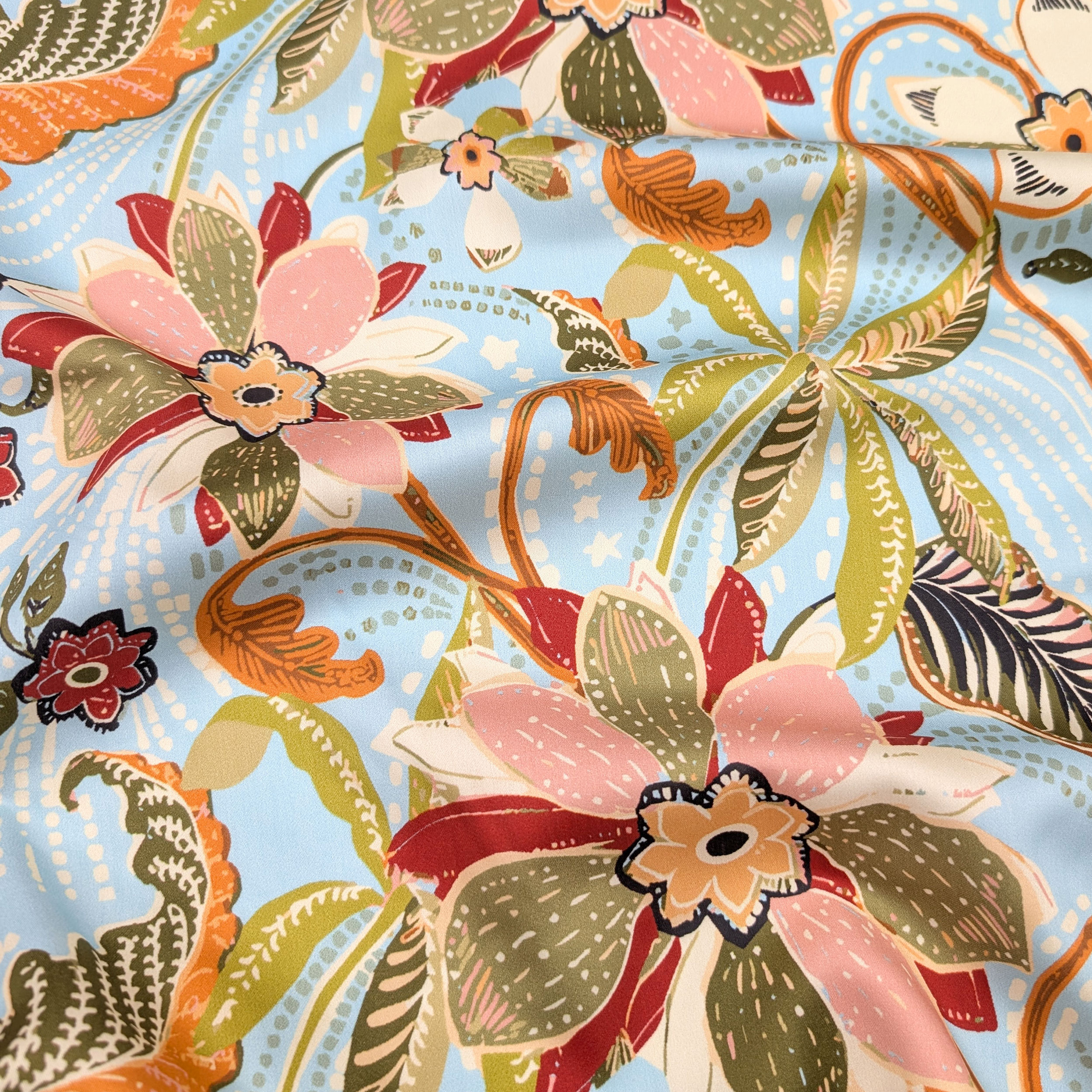 Cotton Rasatello Floral Pattern Blue Background Image