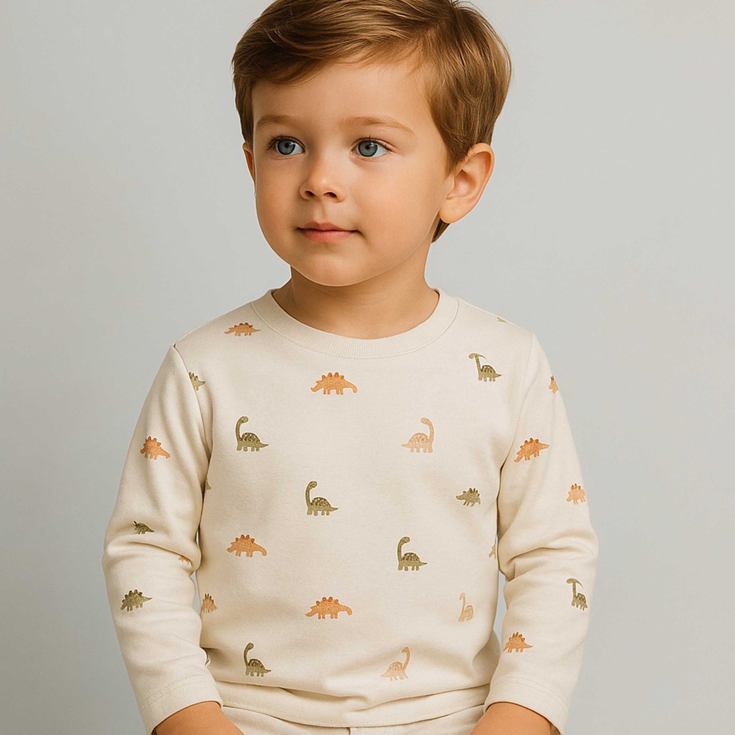 White Cotton Jersey with Dinosaurs Image