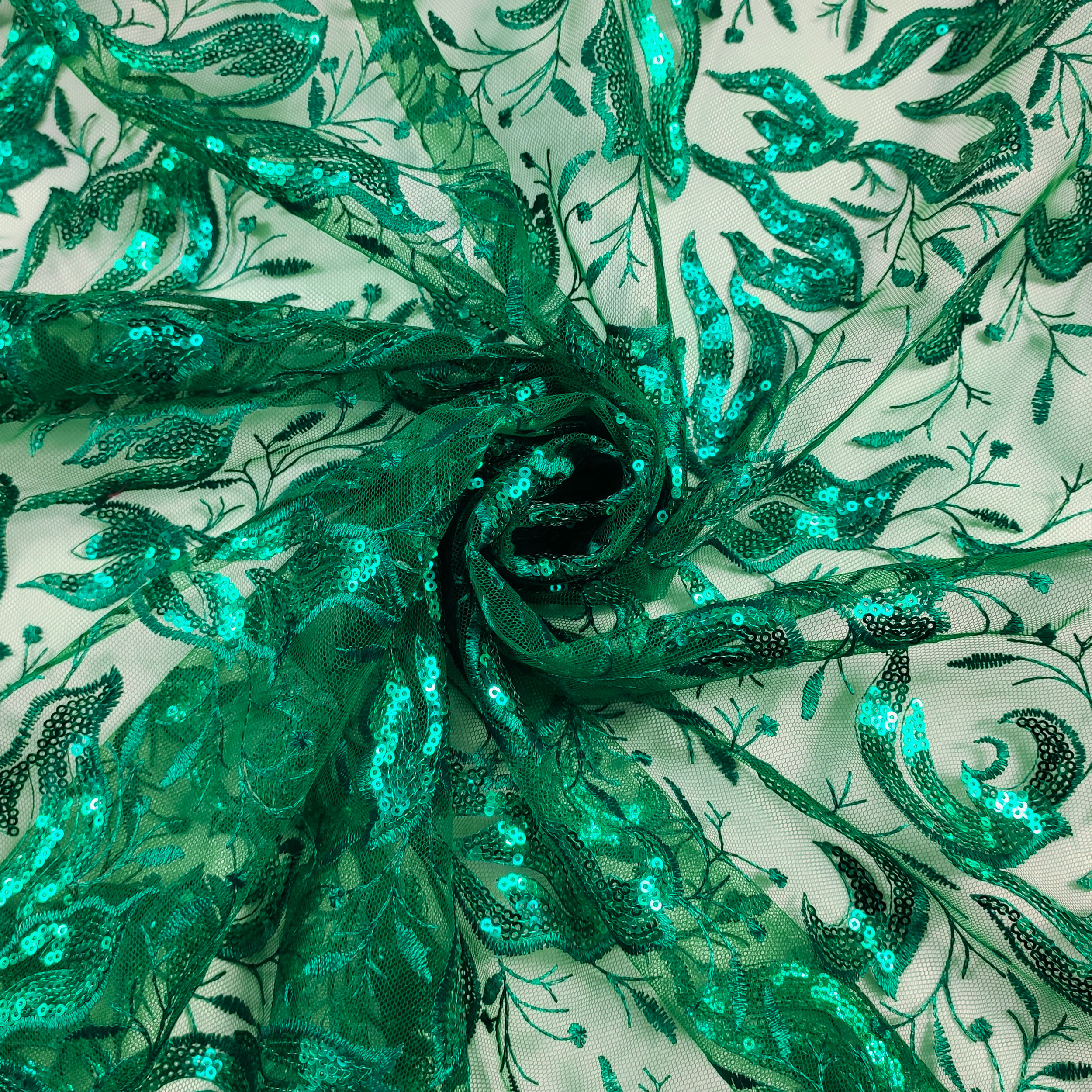 Tulle Embroidered Leaves with Sequins Green Image